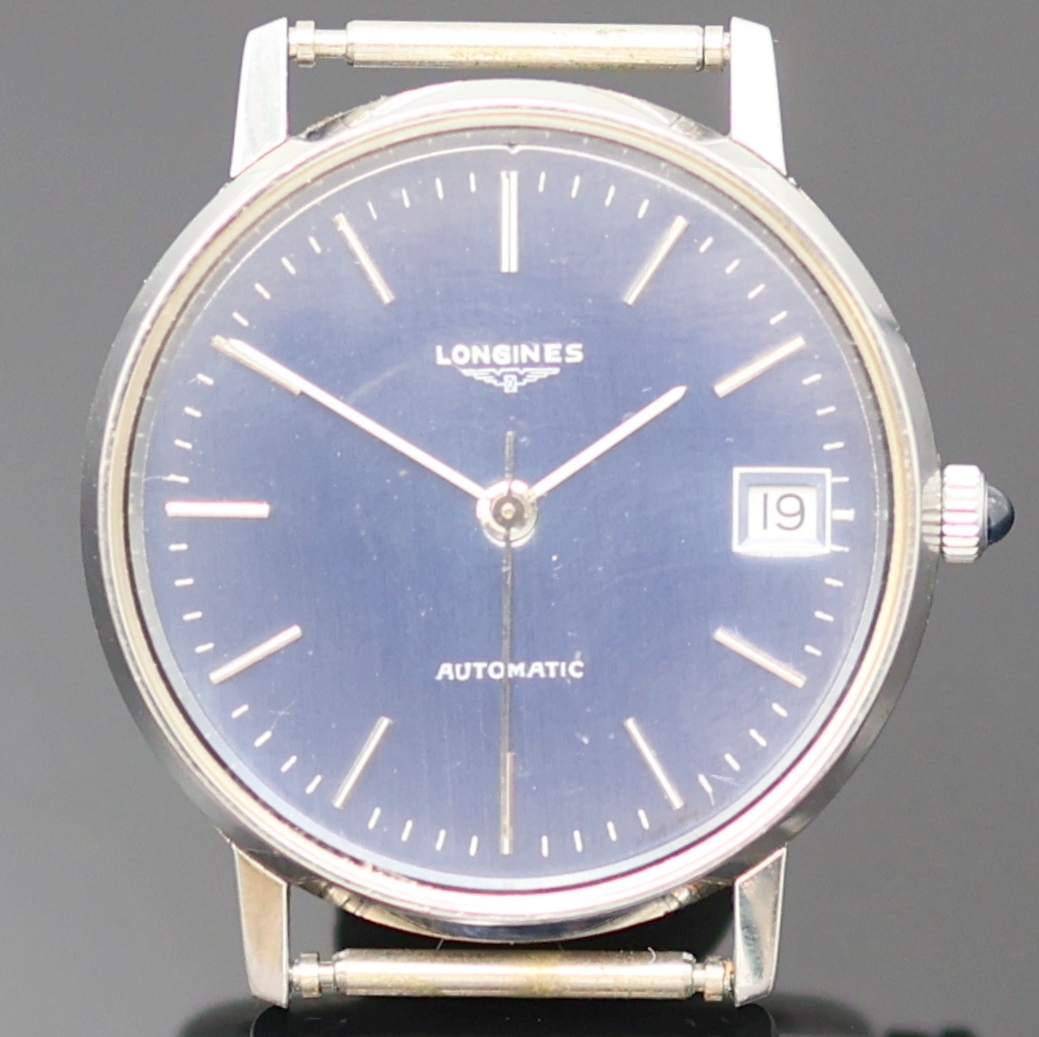 Detail a: LONGINES elegante Armbanduhr in Stahl Referenz 4214, Schweiz um 1980, Automatik, 3-tlg. Geh., Boden u. Glasrand aufgedr., Mineralglas, blaues ...
