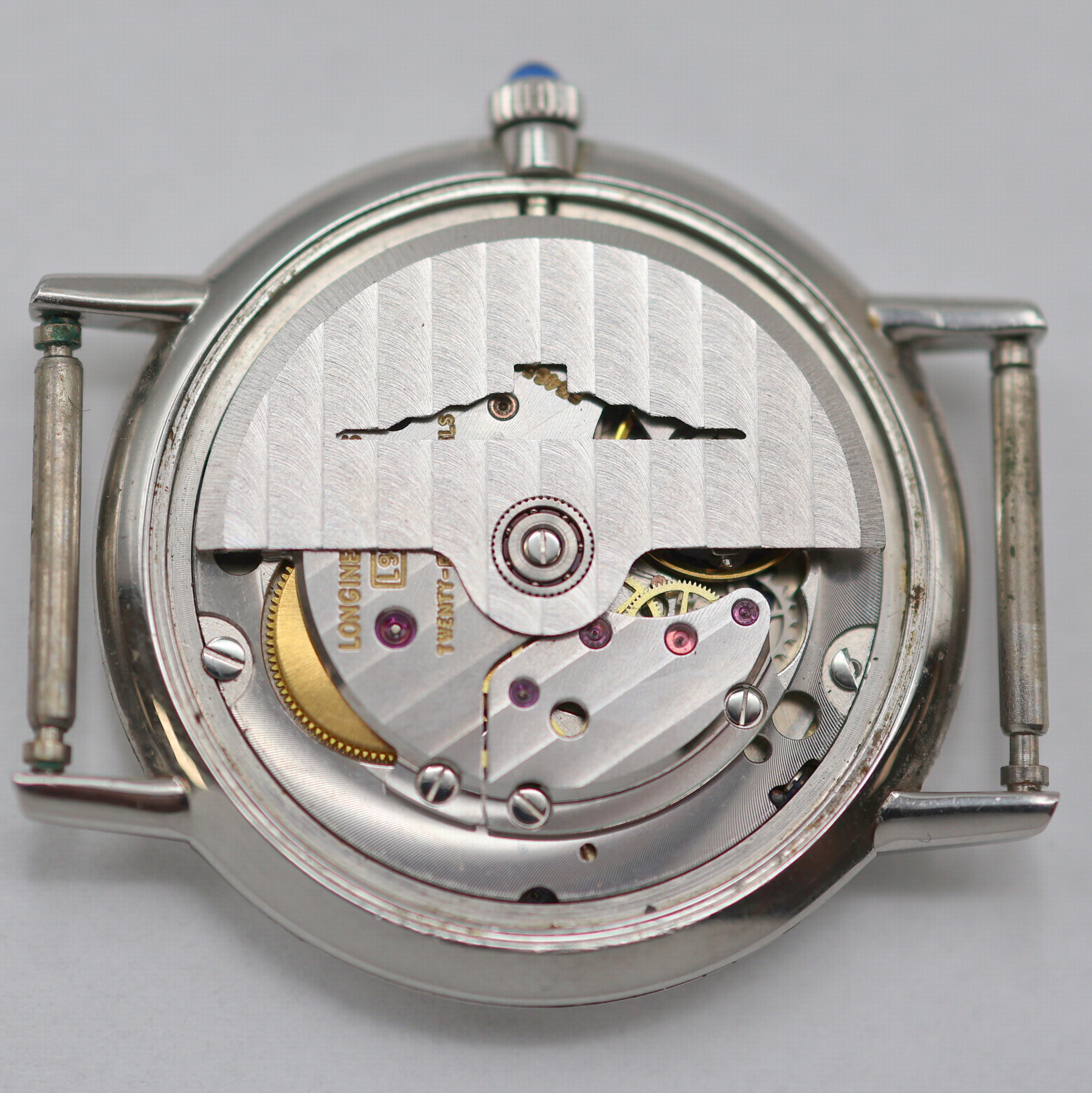 Detail e: LONGINES elegante Armbanduhr in Stahl Referenz 4214, Schweiz um 1980, Automatik, 3-tlg. Geh., Boden u. Glasrand aufgedr., Mineralglas, blaues ...