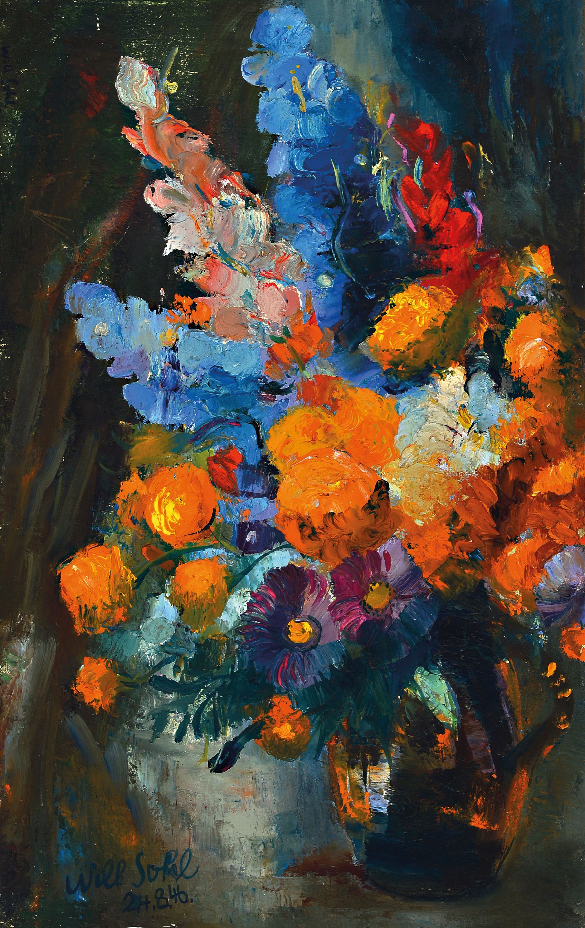 Will Sohl, 1906 Ludwigshafen-1969 Heidelberg, Blumenstillleben, Öl/Lwd, links unten signiertund datiert 46, ca. 77x48cm, R. ca. 96x67cm