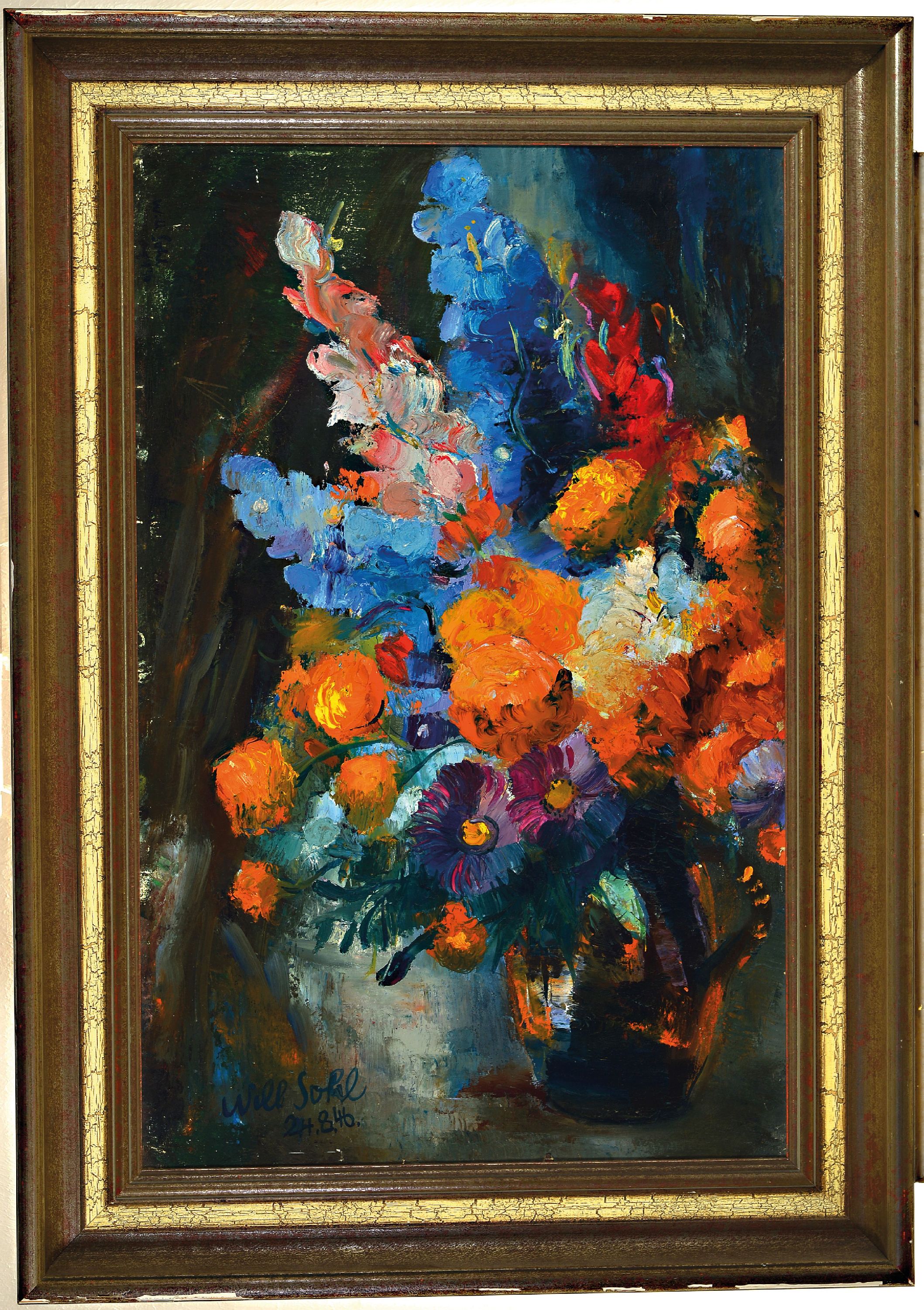 Detail k: Will Sohl, 1906 Ludwigshafen-1969 Heidelberg, Blumenstillleben, Öl/Lwd, links unten signiertund datiert 46, ca. 77x48cm, R. ca. 96x67cm