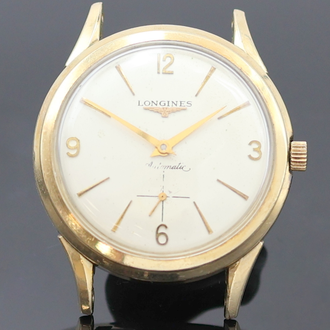 Detail a: LONGINES Herrenarmbanduhr in 10K Gold Filled Kaliber 22A, Schweiz / USA um 1950, Automatik, 2-tlg. Geh., Boden verschr., silb. Zifferbl. ber./pat., ...