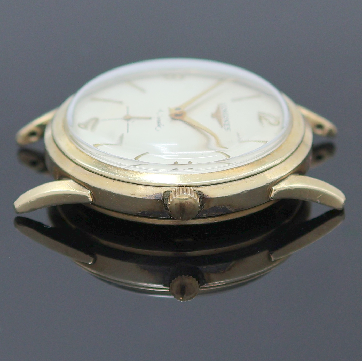 Detail b: LONGINES Herrenarmbanduhr in 10K Gold Filled Kaliber 22A, Schweiz / USA um 1950, Automatik, 2-tlg. Geh., Boden verschr., silb. Zifferbl. ber./pat., ...