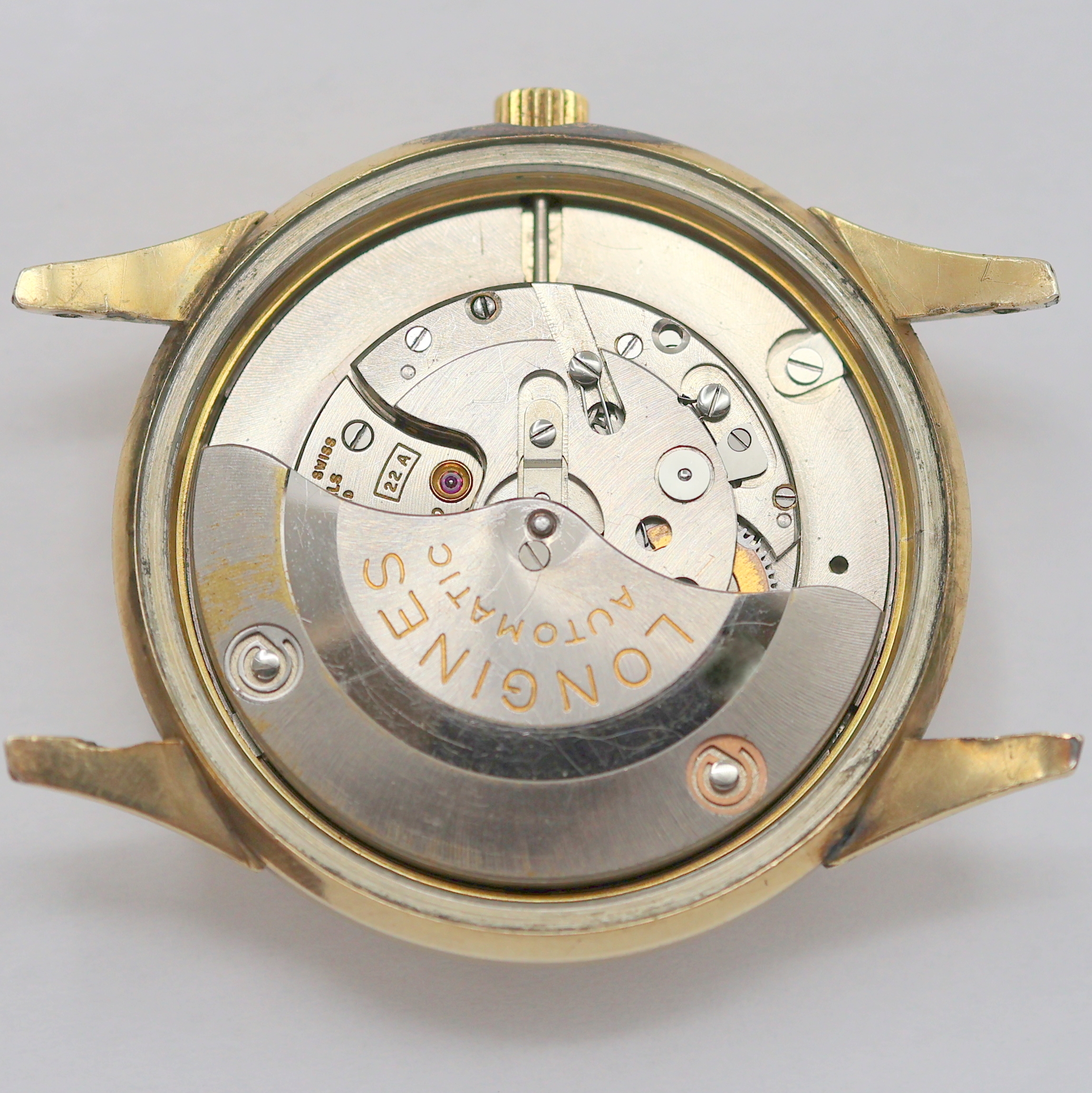 Detail e: LONGINES Herrenarmbanduhr in 10K Gold Filled Kaliber 22A, Schweiz / USA um 1950, Automatik, 2-tlg. Geh., Boden verschr., silb. Zifferbl. ber./pat., ...