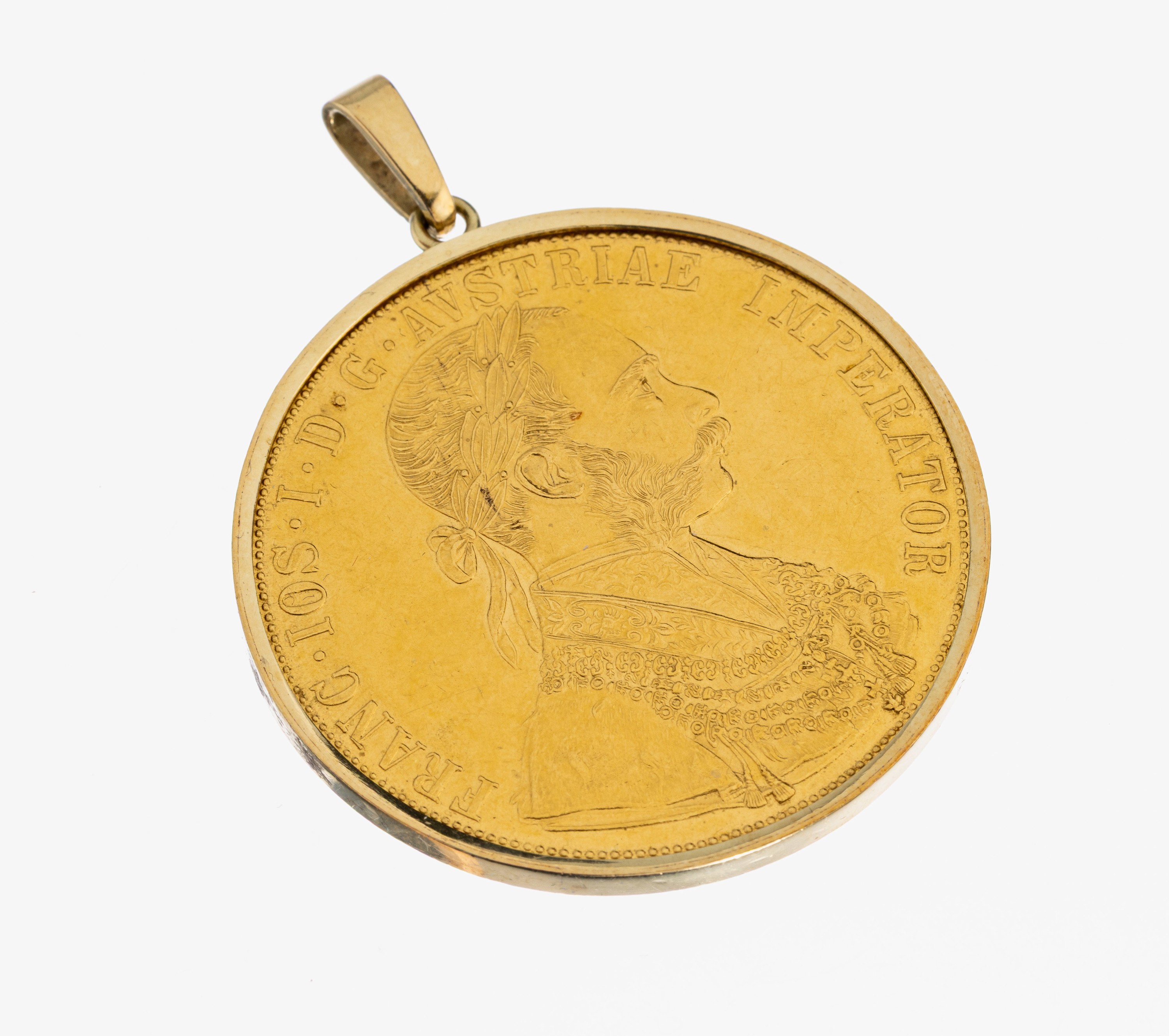 14 kt Gold Münz-Anhänger, GG 585/000, Goldmünze: 4 Dukaten, Österreich-Ungarn, 1915,offizielle Nachprägung, lose gefasst, ca. 18.1g
