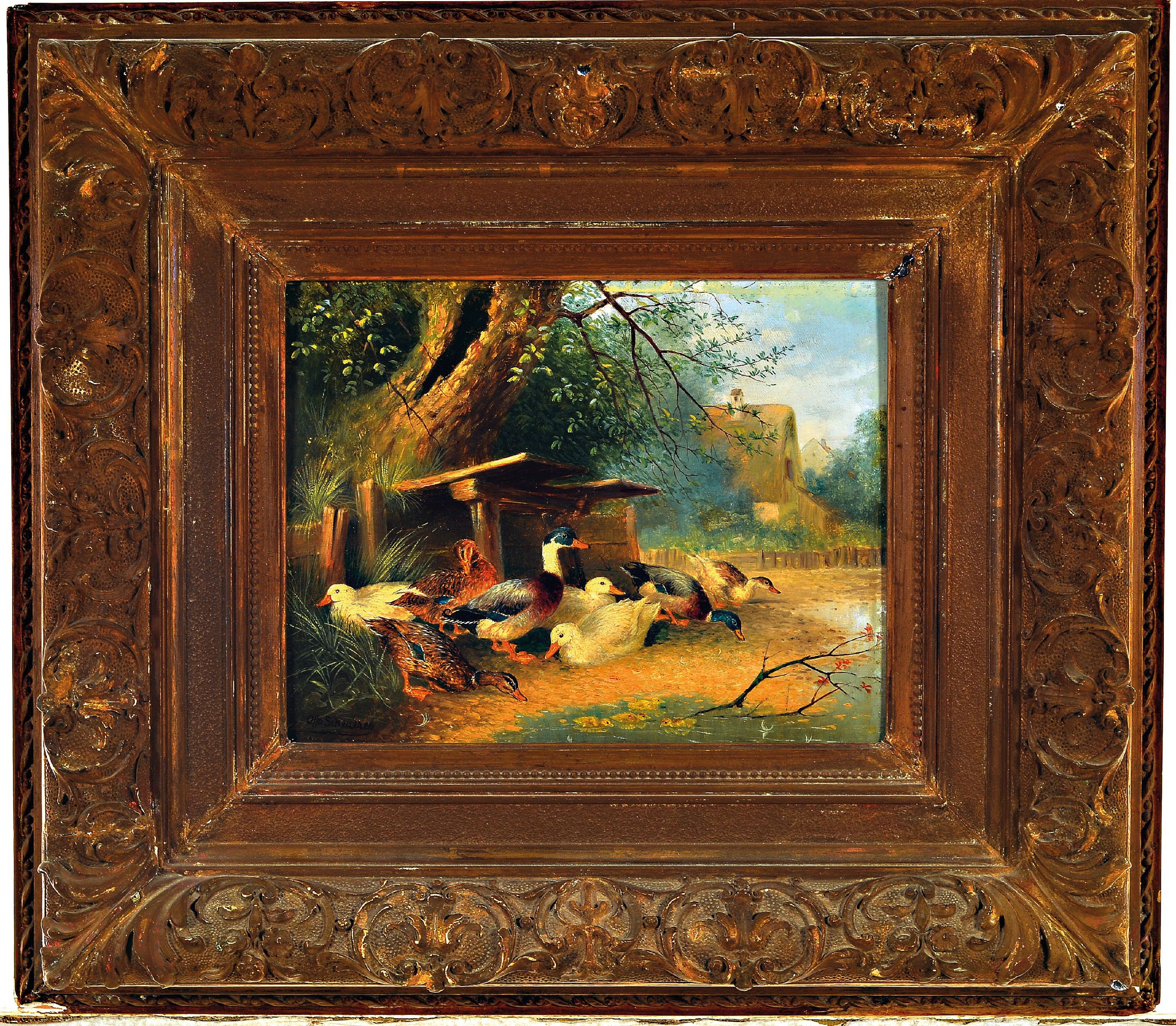 Detail k: Otto Scheuerer, 1862-1934 München, Entenhof,8 Enten vor Dorfkulisse, links unten signiert,Öl/Holz, verso altes Etikett mit Titel "Enten", ...