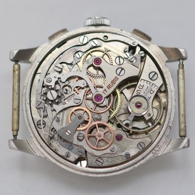 26987010d - MOBILIA Schaltradchronograph in Stahl, Schweiz um 1945, Handaufzug, 3-tlg. Geh., Boden ...