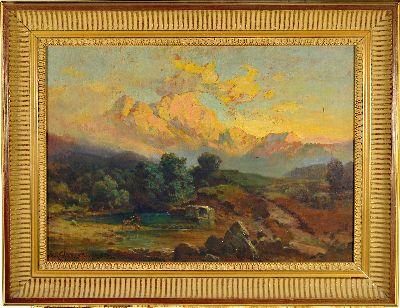 26987024k - Josef Corregio, Gebirgslandschaft in der Dämmerung, im Vordergrund Rehe an der Tränke, ...