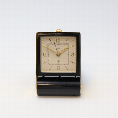 Image JAEGER 2-Tage Reisewecker, Schweiz um 1950, Messinggeh. schwarz lack. berieb., z. T. ...