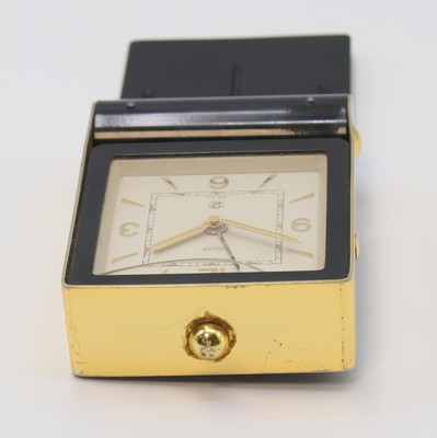 26987084b - JAEGER 2-Tage Reisewecker, Schweiz um 1950, Messinggeh. schwarz lack. berieb., z. T. ...