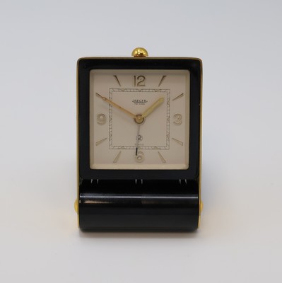 Image JAEGER 2-Tage Reisewecker, Schweiz um 1950, schwarz lack. Geh., z. T. verg., aufstellbar ...