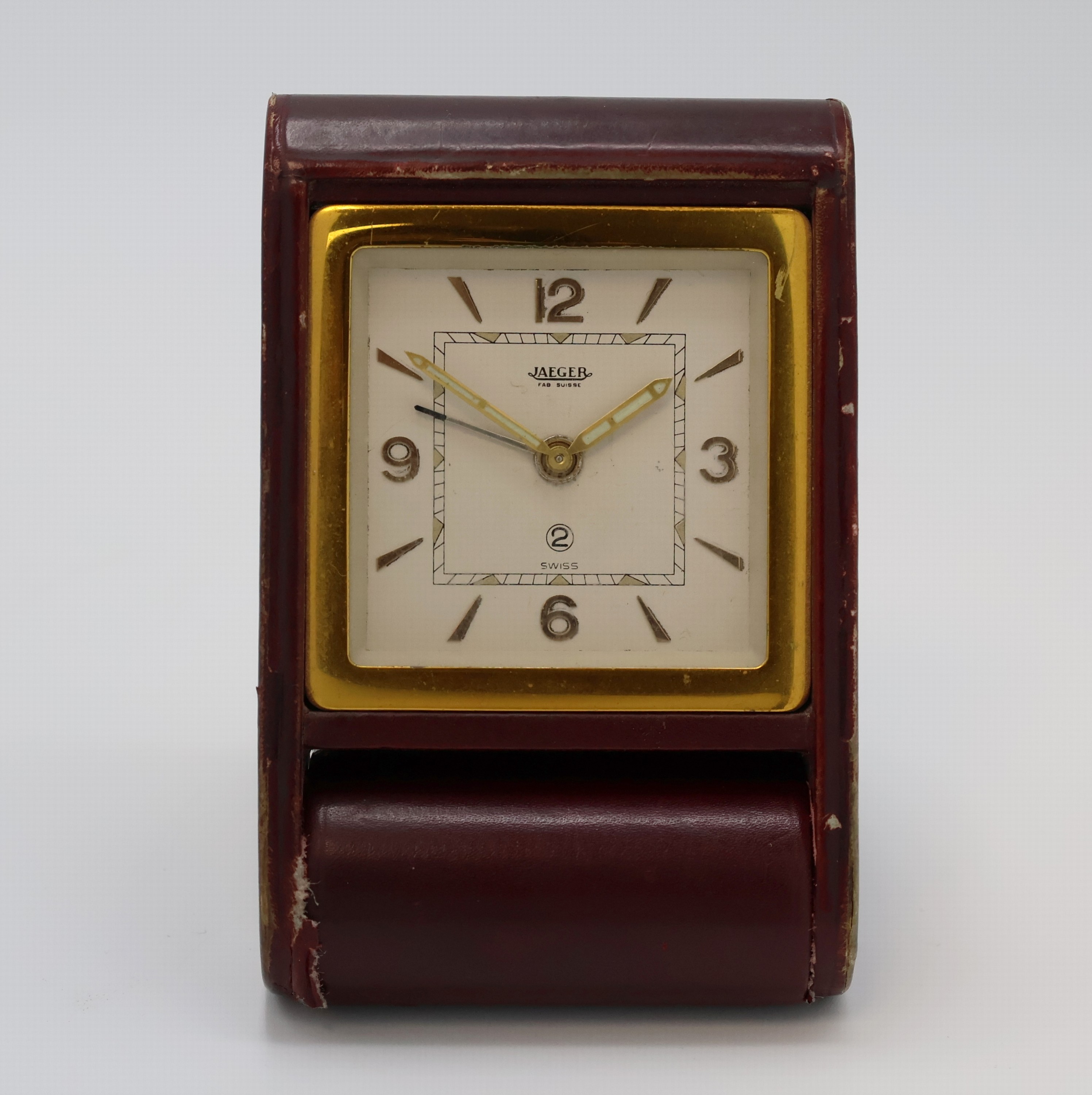 Image 26987104 - JAEGER 2-Tage Reisewecker, Schweiz um 1940, Leder-bezogenes Metall/Holz-Geh. berieb., z. ...