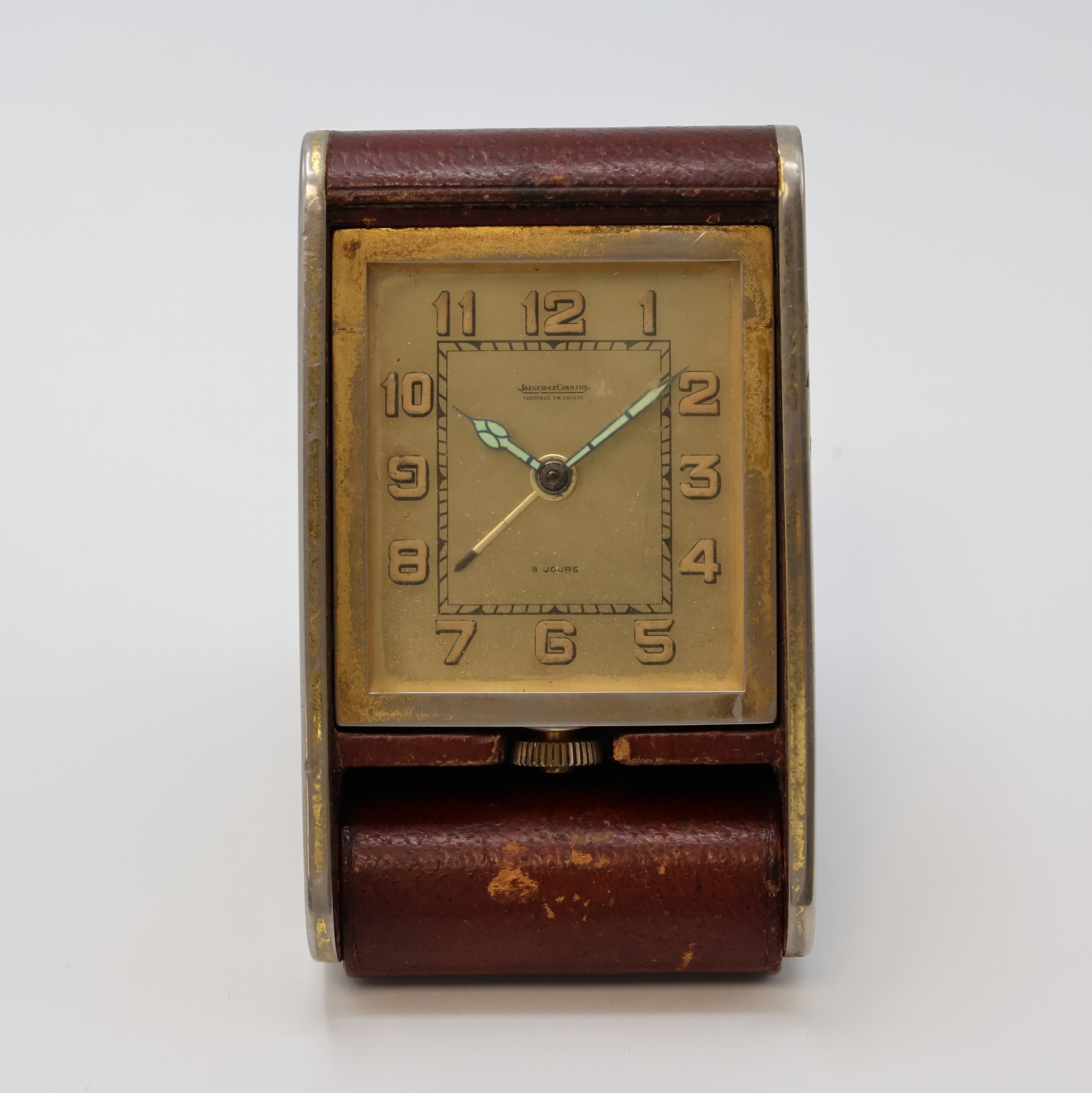 Image 26987108 - Jaeger-LeCoultre 8-Tage Reisewecker, Schweiz um 1935, Kronenaufzug, Leder-bezogenes ...