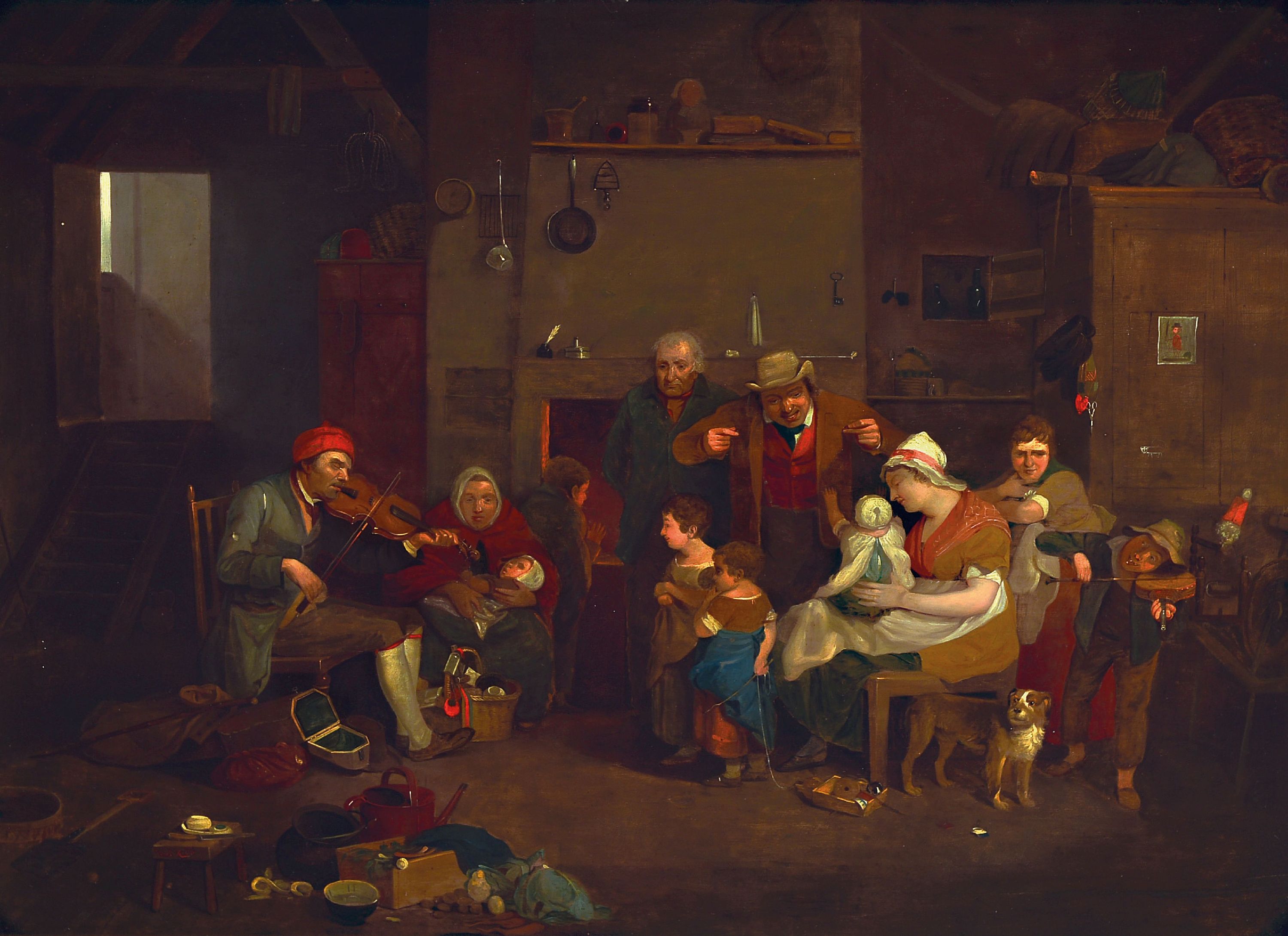 William Kidd, um 1790-1863, vielfigurige Familienszene in der Küche mit Kleinkindern und Musikern, Öl/Holz, links unten (im Hocker) signiert, ca. ...