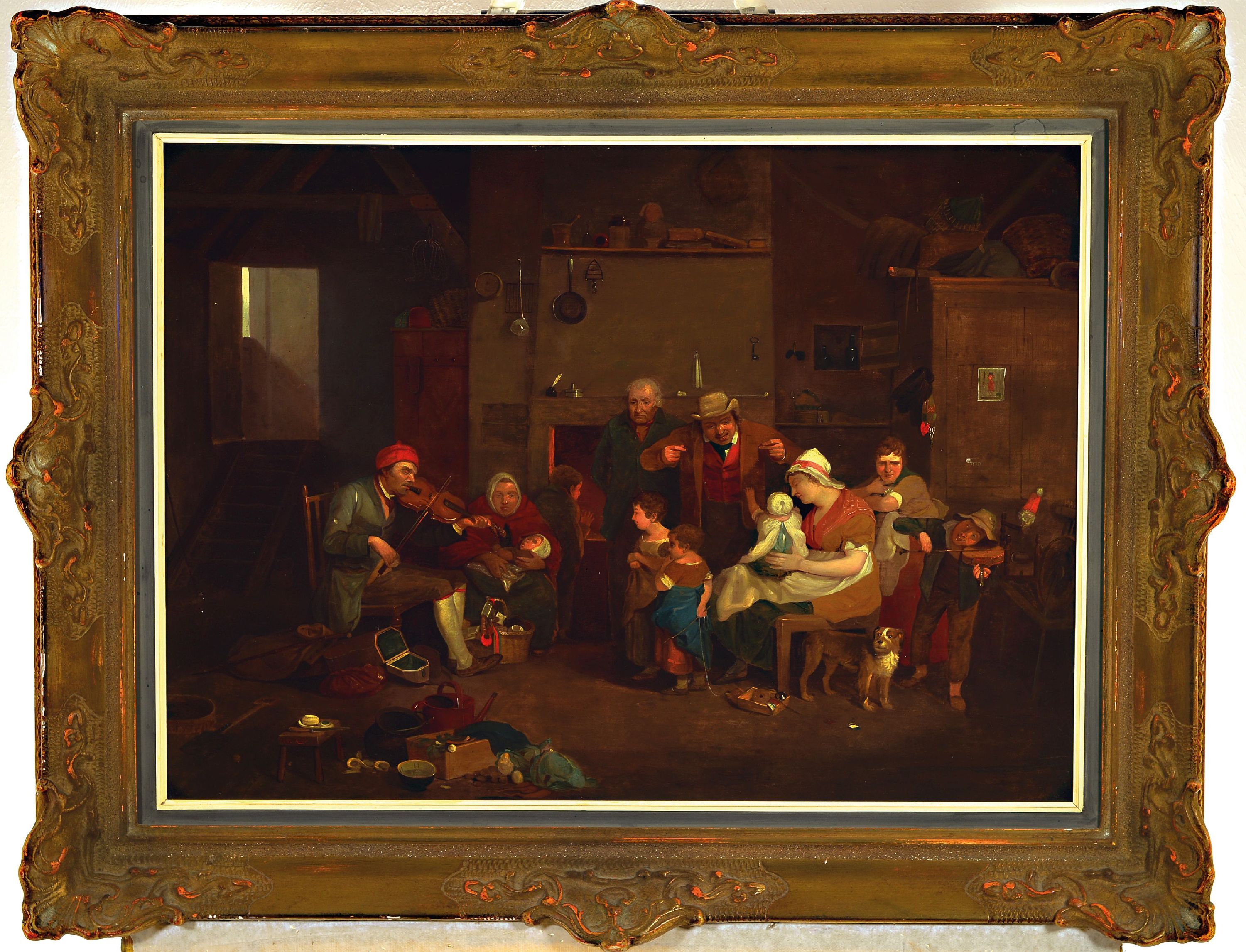 Detail k: William Kidd, um 1790-1863, vielfigurige Familienszene in der Küche mit Kleinkindern und Musikern, Öl/Holz, links unten (im Hocker) signiert, ca. ...