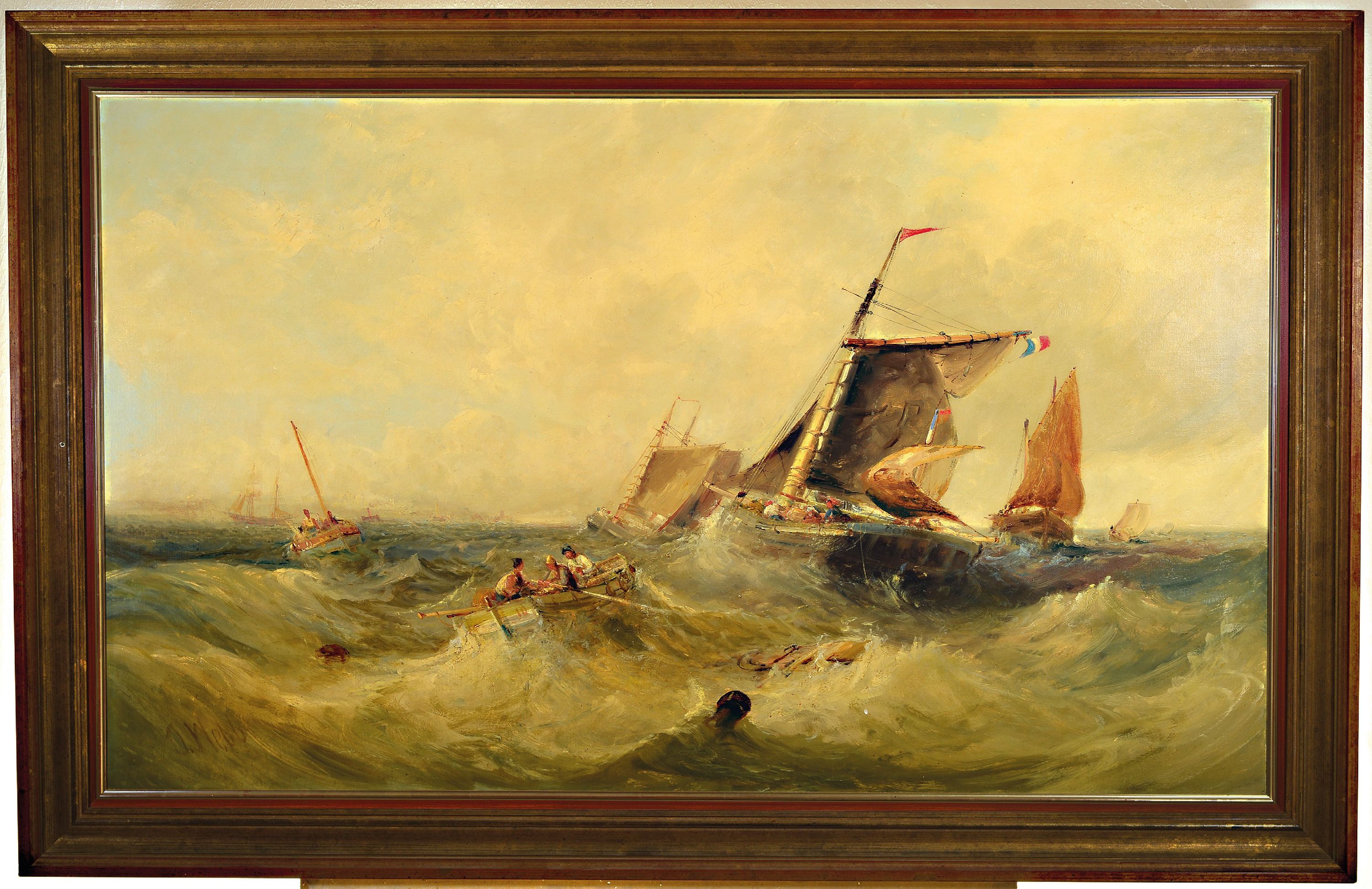 Detail k: James Webb, um 1825-1895, Mastbruch eines Segelschiffes, die Besatzung bereits im Rettungsboot, Öl/Lwd, links unten sign., dazu in der roten Fahne ...