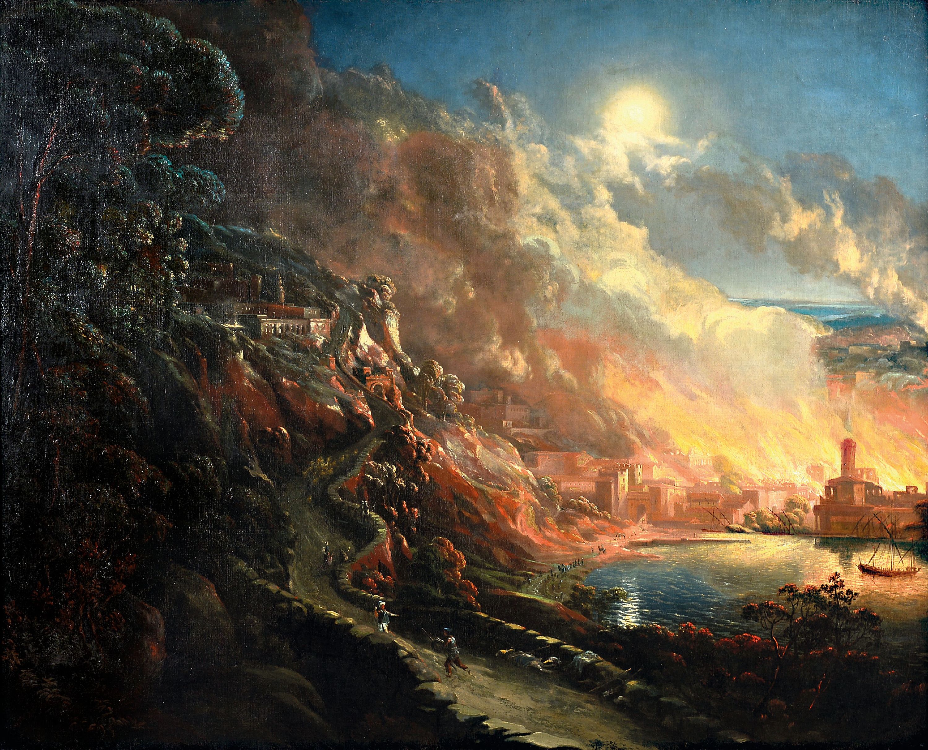 Image 26987173 - Unbekannter Künstler, wohl Venedig, um 1780, Vollmond über einer brennenden Stadt am ...