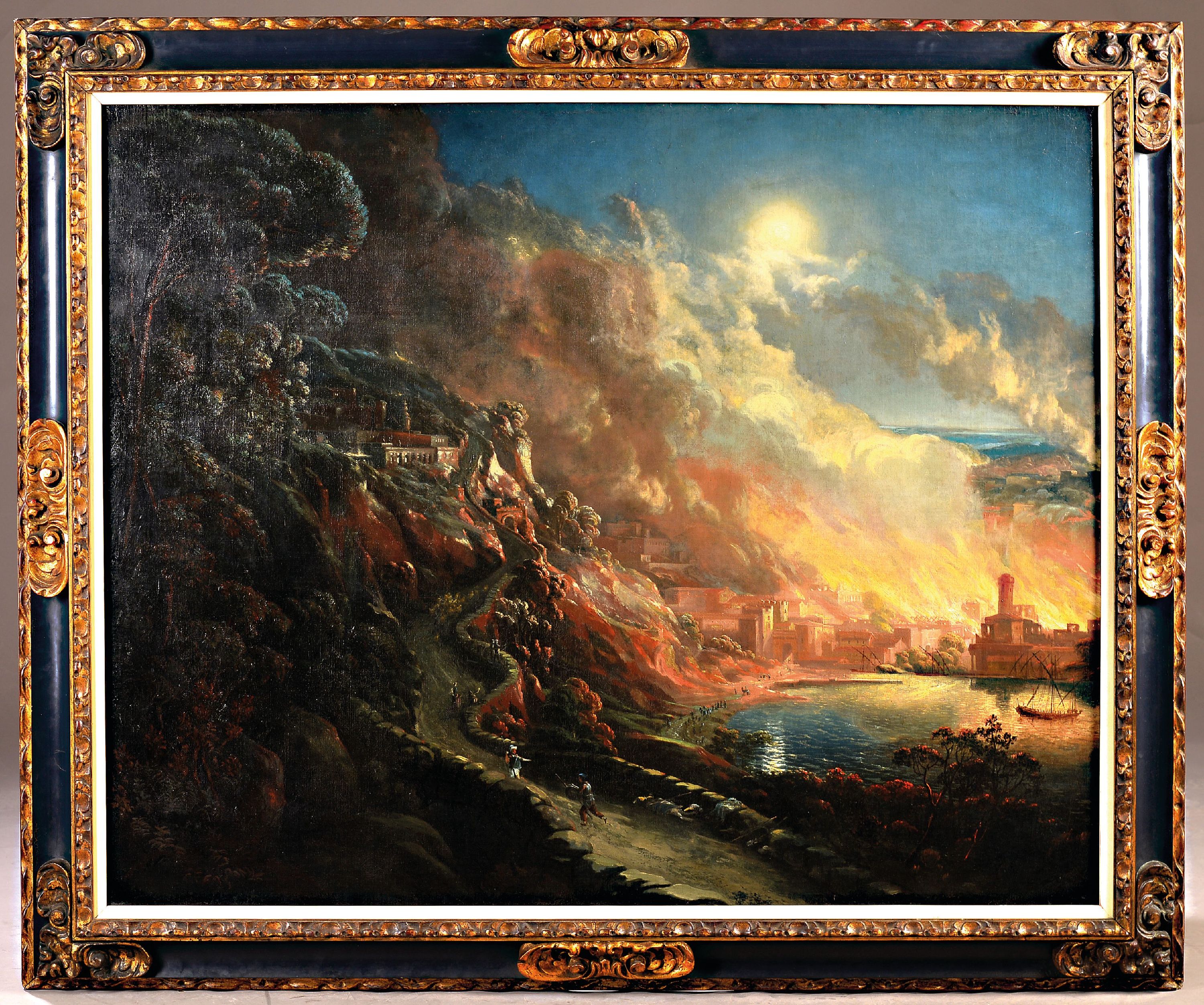 Detail k: Unbekannter Künstler, wohl Venedig, um 1780, Vollmond über einer brennenden Stadt am östlichen Mittelmeer, wohl Flucht von Aeneas und Anchises aus ...