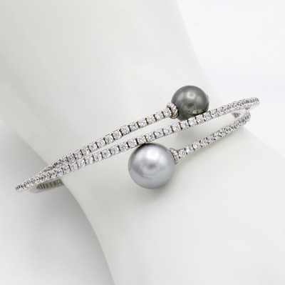 Image Flexible Armspange mit Tahitiperlen und Zirkonia, 925er Silber, 3-rhg. Design, voll ...