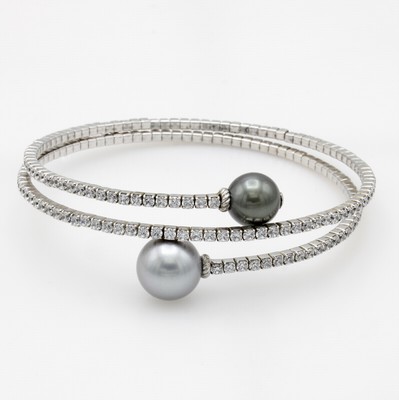 26987114a - Flexible Armspange mit Tahitiperlen und Zirkonia, 925er Silber, 3-rhg. Design, voll ...