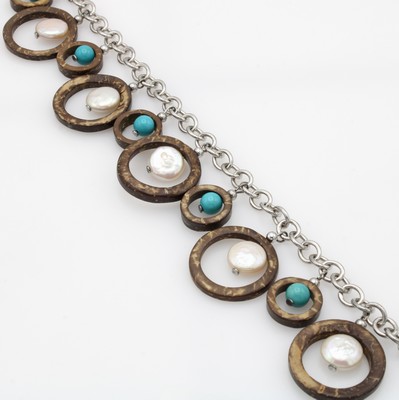Image Armband mit Perlen, Türkisen und Holz, 925er Silber, Holzringe als ...