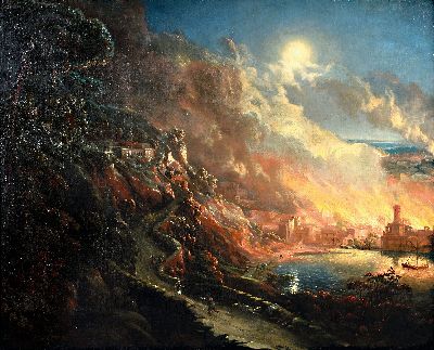 Image Unbekannter Künstler, wohl Venedig, um 1780, Vollmond über einer brennenden Stadt am ...