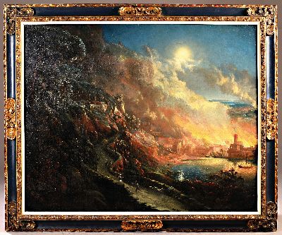 26987173k - Unbekannter Künstler, wohl Venedig, um 1780, Vollmond über einer brennenden Stadt am ...