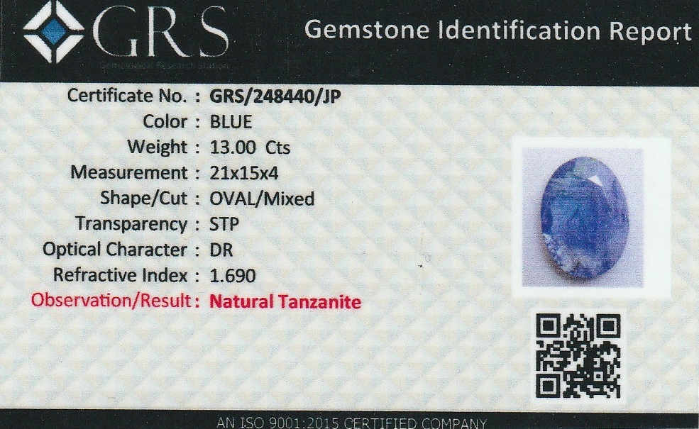 Detail c: Loser Tansanit, 13.00 ct, ovalfacett., 21x15x4mm, GRS-Report anbei