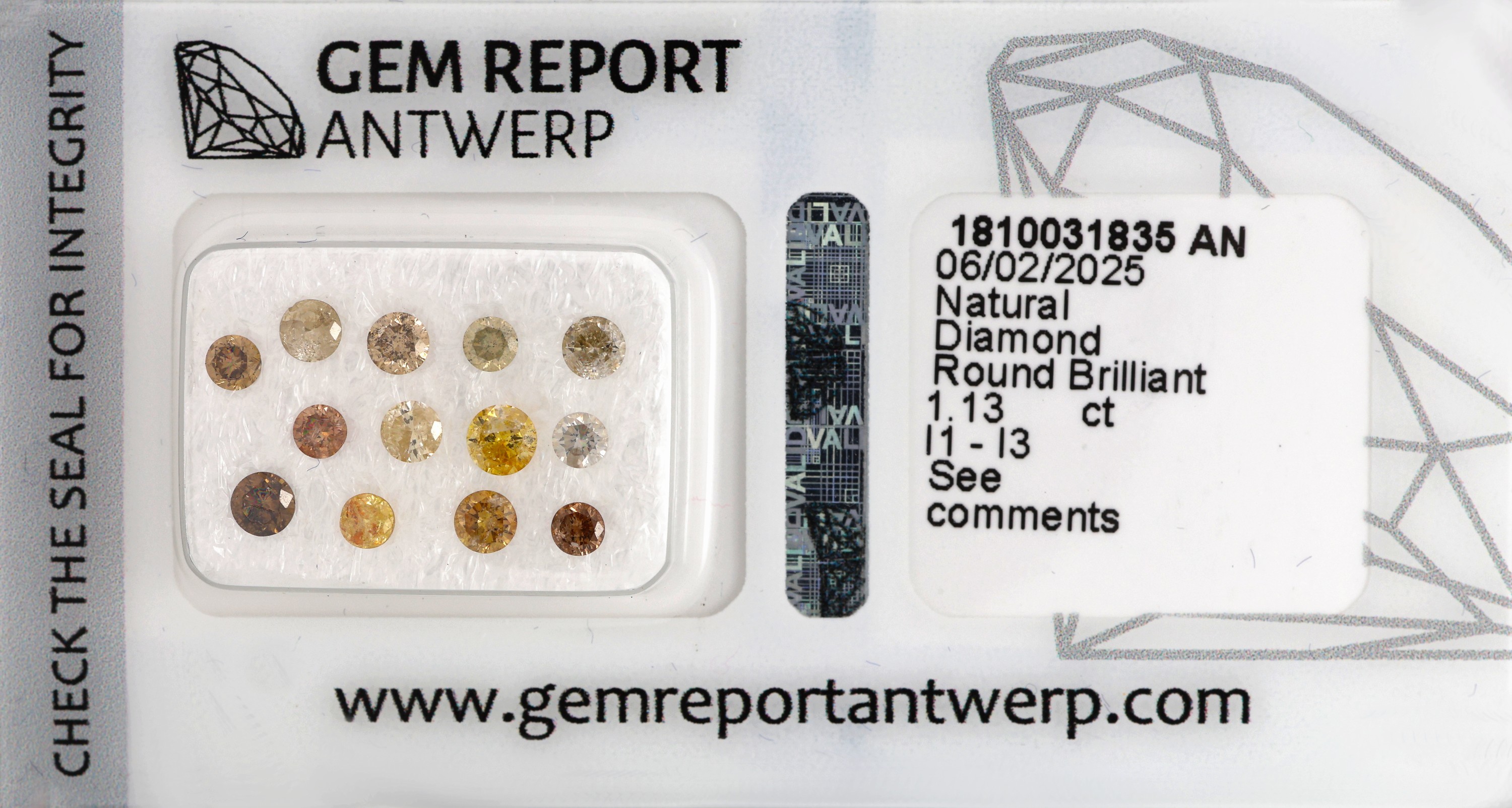 Lot 13 lose Brillanten, 1.13 ct, faint to light/nat.fancy light to nat. fancy deep Grey/Yellow/Brown, p1-3, eingeschweißt, mit Gem Report ...