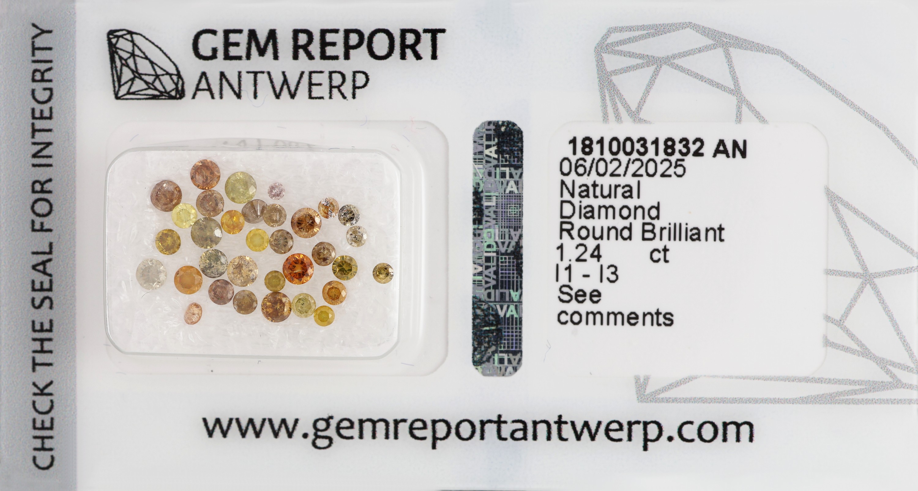 Lot 33 lose Brillanten, 1.24 ct faint to light/nat. fancy light to nat. fancy deep Gray/Yellow/Brown/Green/Orange, p1-3, eingeschweißt, mit ...