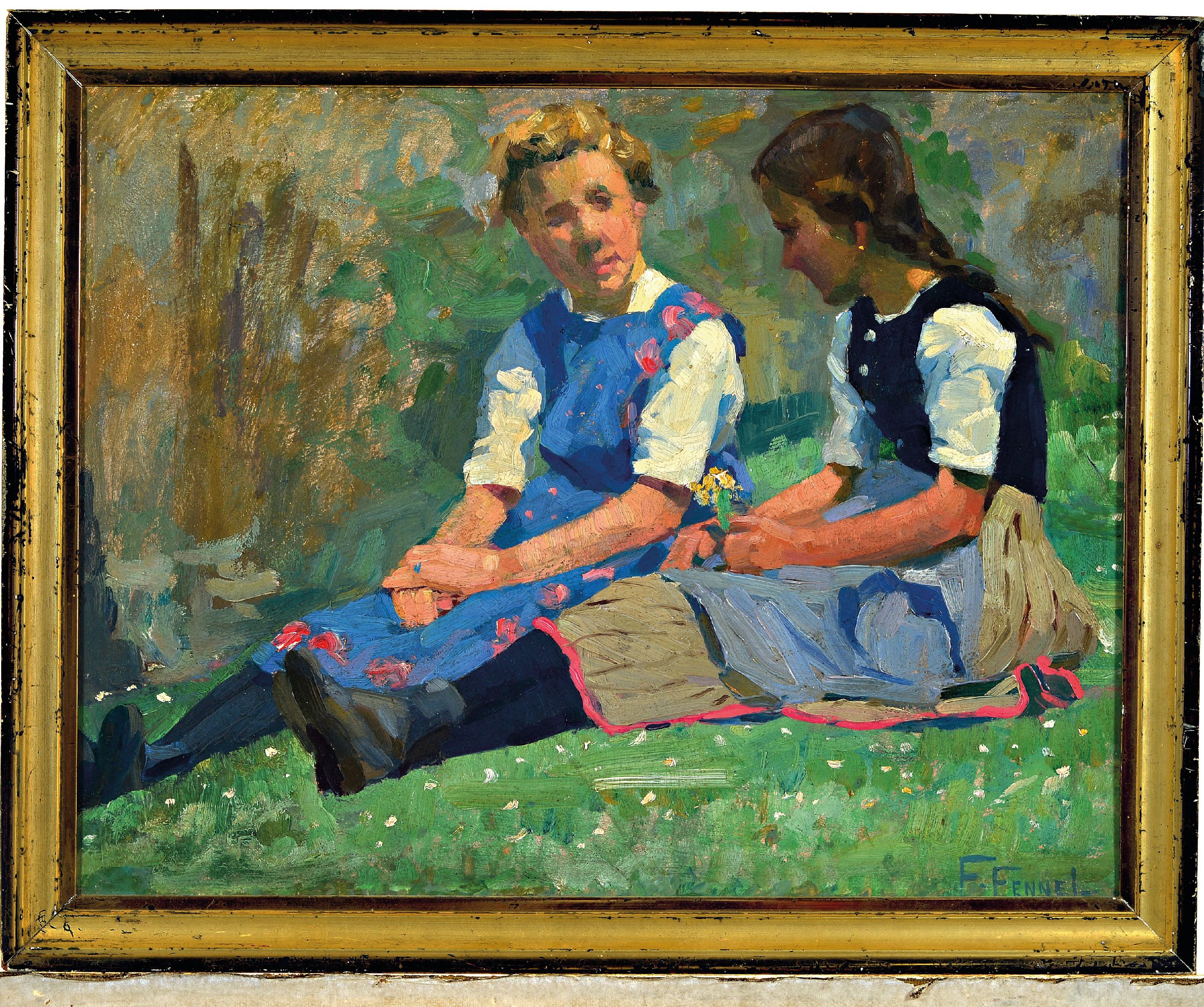 Detail k: Friedrich Fennel, 1872 - 1926, Willinghäuser Malerkolonie, Auf der Lichtung, um 1910, Öl/Lwd, "zwei Mädchen", re.u. signiert, ca. 36x 46 ...