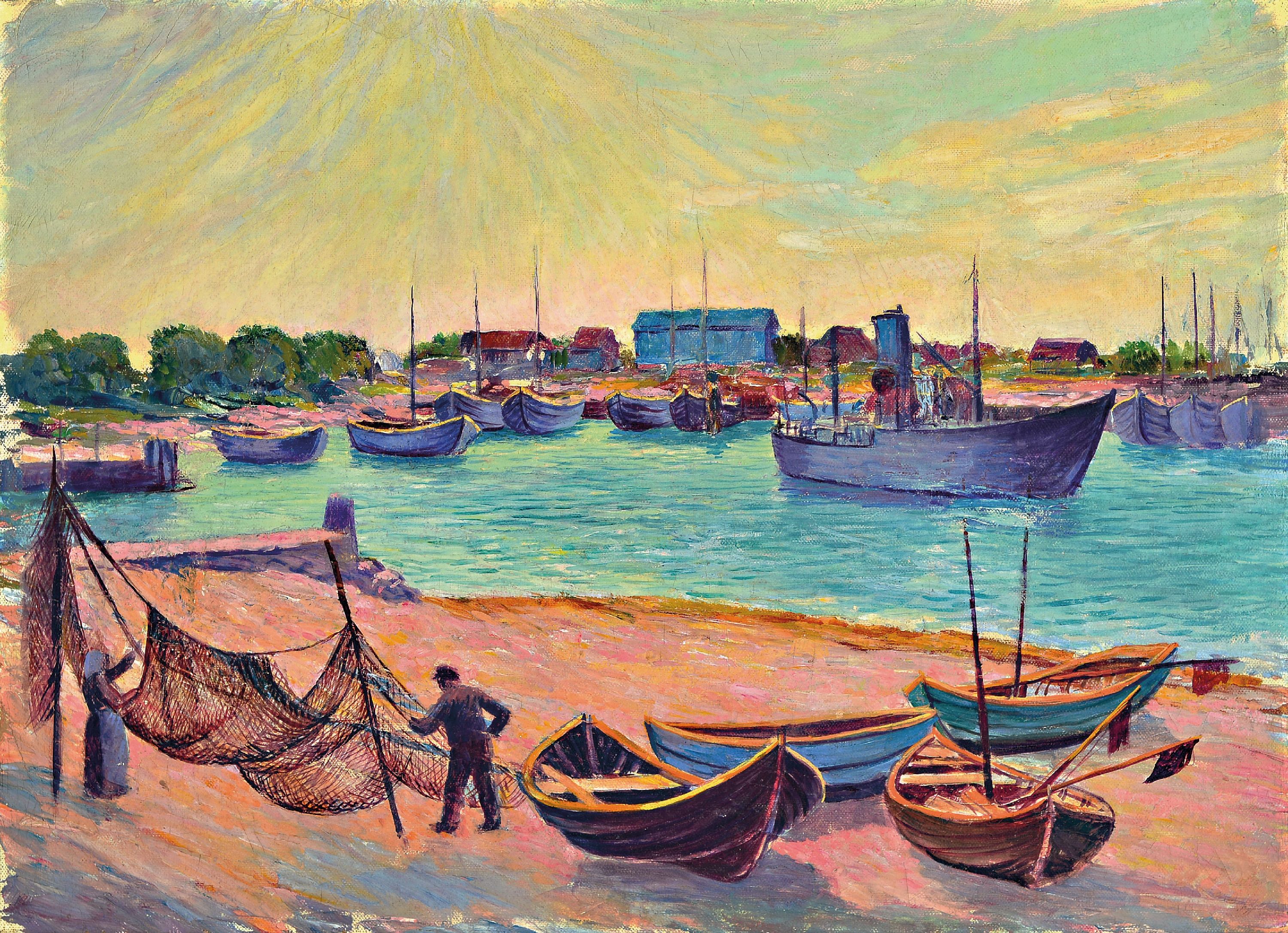 Image 26987245 - Otto Möller, 1883 Schmiedefeld-1964 Berlin, Fischerhafen, Öl/Leinen, verso bez. ...