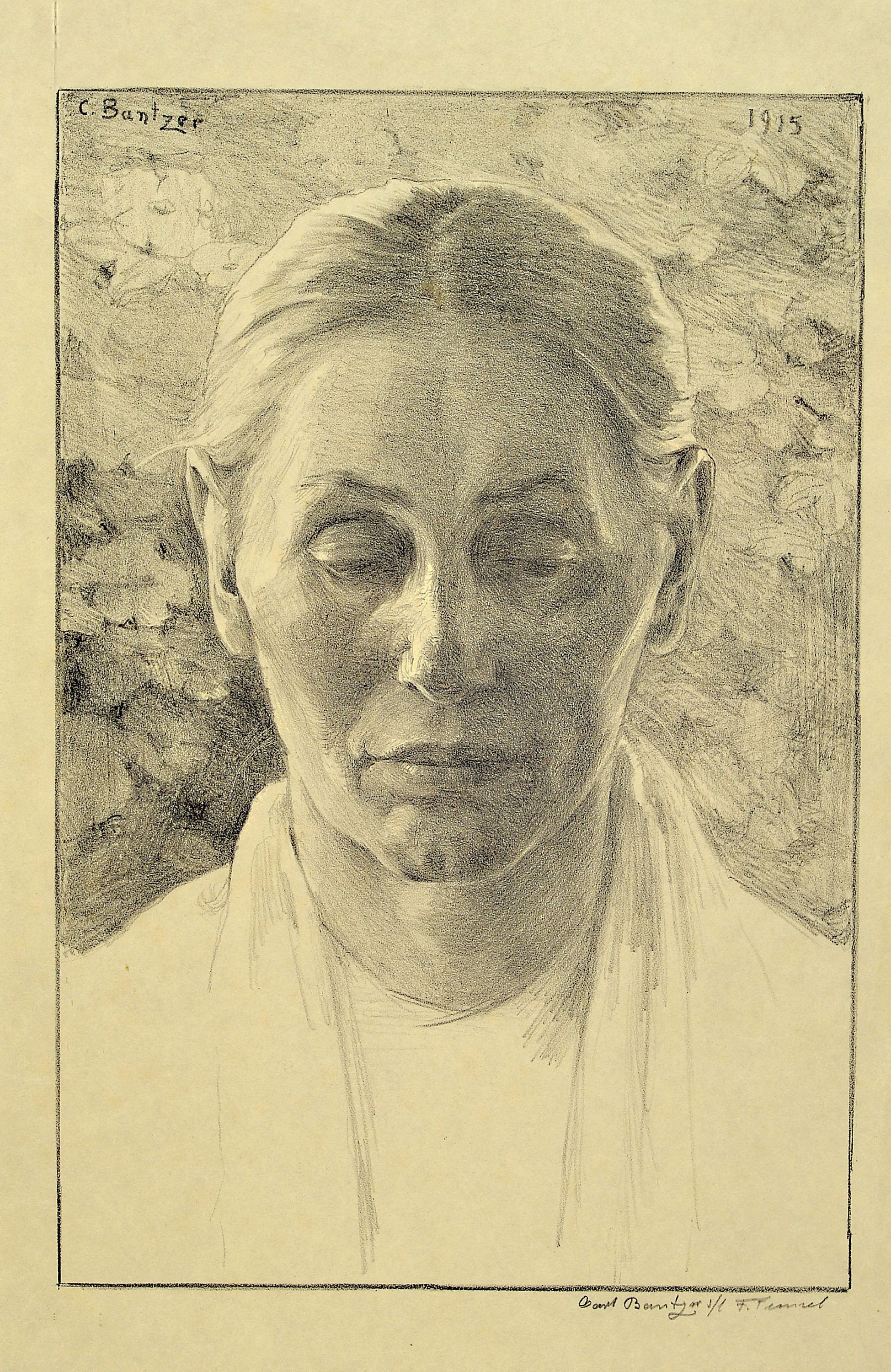 Carl Bantzer, 1857 Ziegenhain - 1941 Marburg, Willinghauser Malerkolonie, Porträt Frau Seng,1915, Lithografie, signiert und Widmung an seinen ...
