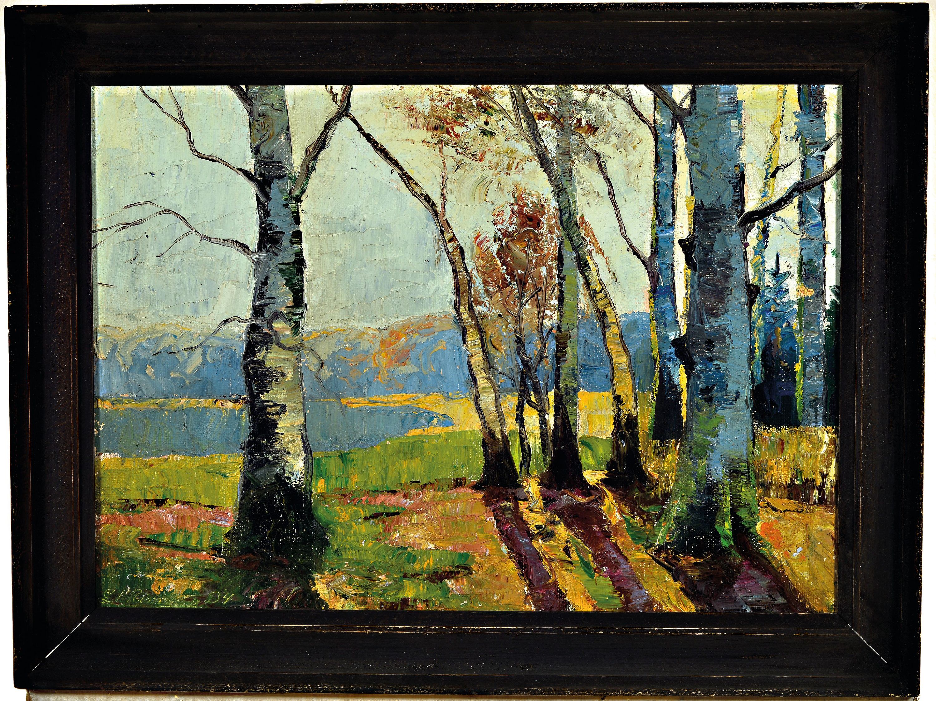 Detail k: Conrad Wimmer, 1844-1905 München, Blick durch herbstliche Bäume auf einen See, Öl/Lwd, links unten signiert und dat. 04, ca. 48x68cm, R. ca. ...
