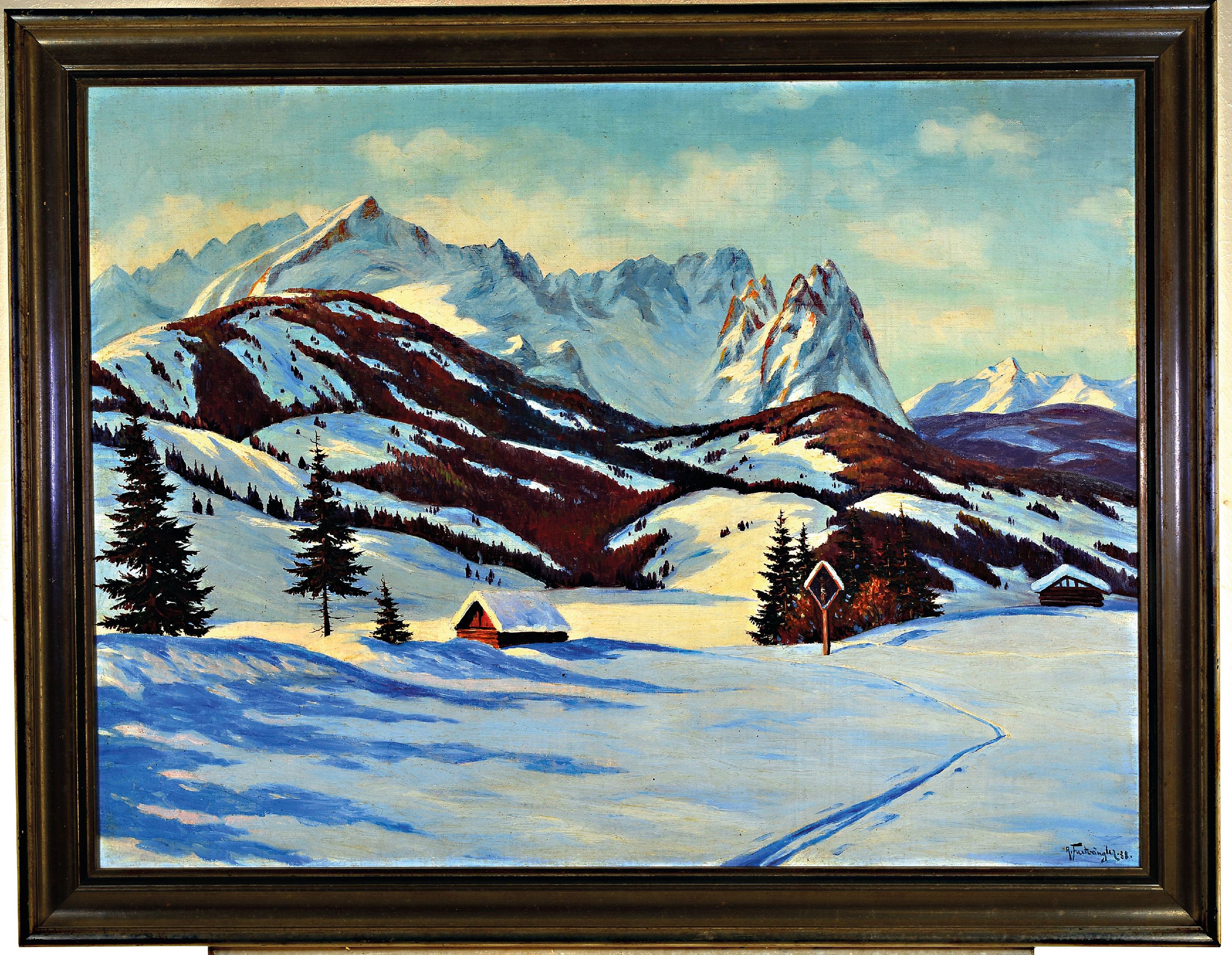 Detail k: Albert Furtwängler, 1902-1984 Freiburg im Breisgau, Winterlandschaft, Zugspitze und Waxensteine, Öl/Lwd, rechts unten sign. und dat. 38, ca. ...