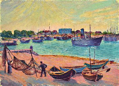 Image Otto Möller, 1883 Schmiedefeld-1964 Berlin, Fischerhafen, Oil/Linen, Versoz. Added in ...