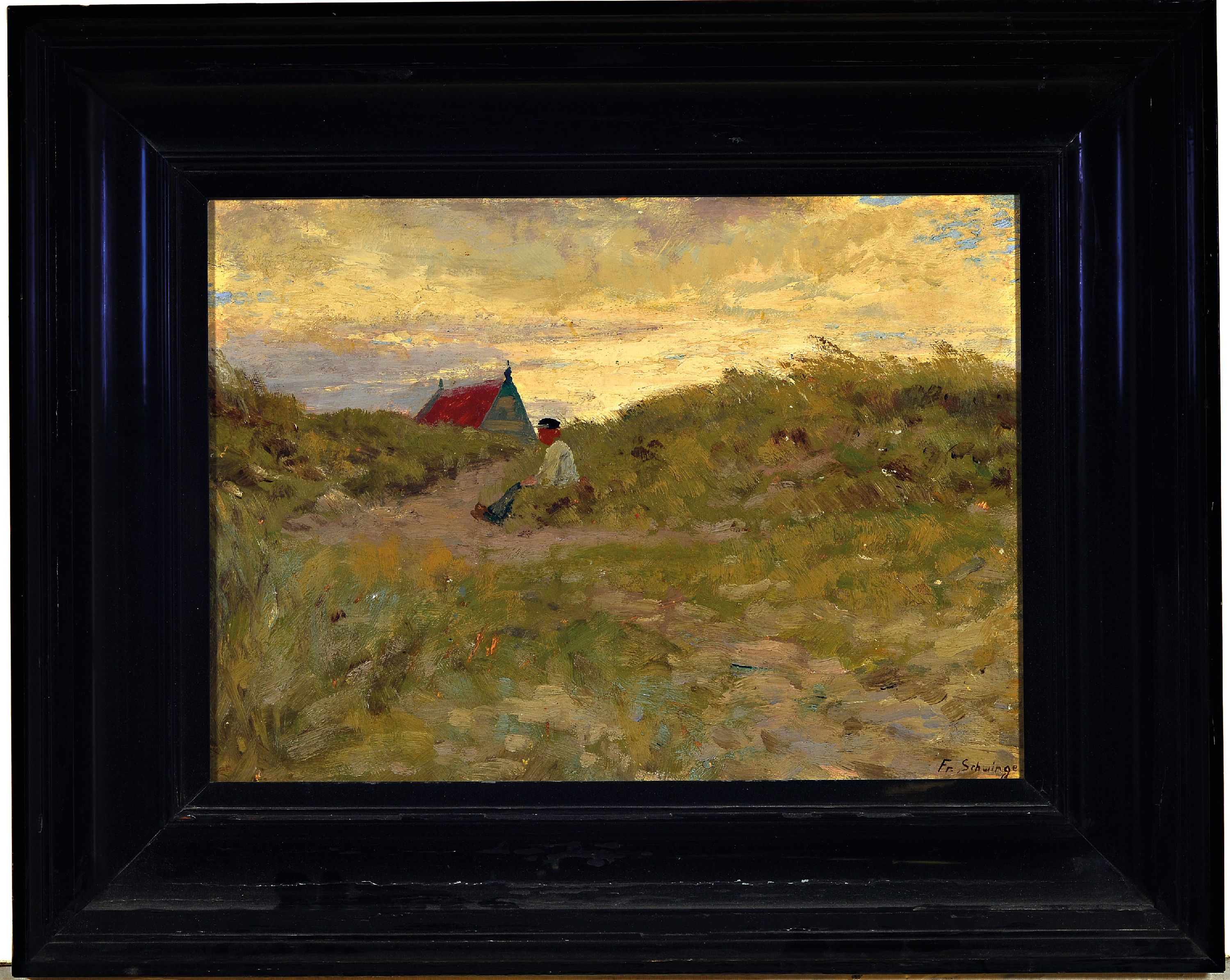 Detail k: Friedrich Schwinge, 1852 - 1913 Hamburg, Fischer auf Schiermonnikoog in den Dünen, um 1900, Öl/Holz, auf der Rückseite mit Etikett, ca. 28 x 39 ...