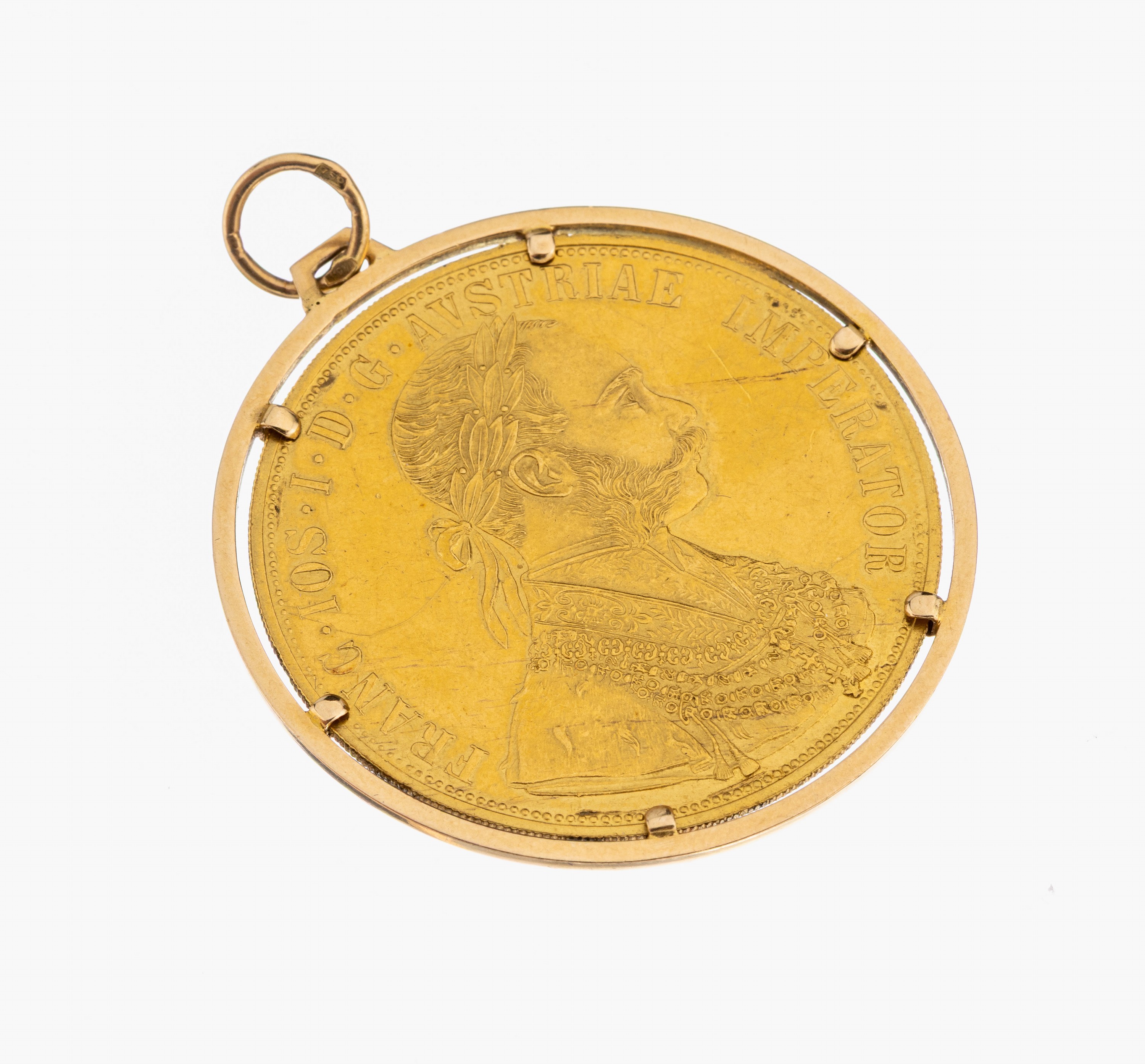 18 kt Gold Münz-Anhänger, GG 750/000, schlichte Rahmung, lose gefasste Goldmünze, 4 Dukaten, Österreich-Ungarn, 1915, offizielle Nachprägung, ...