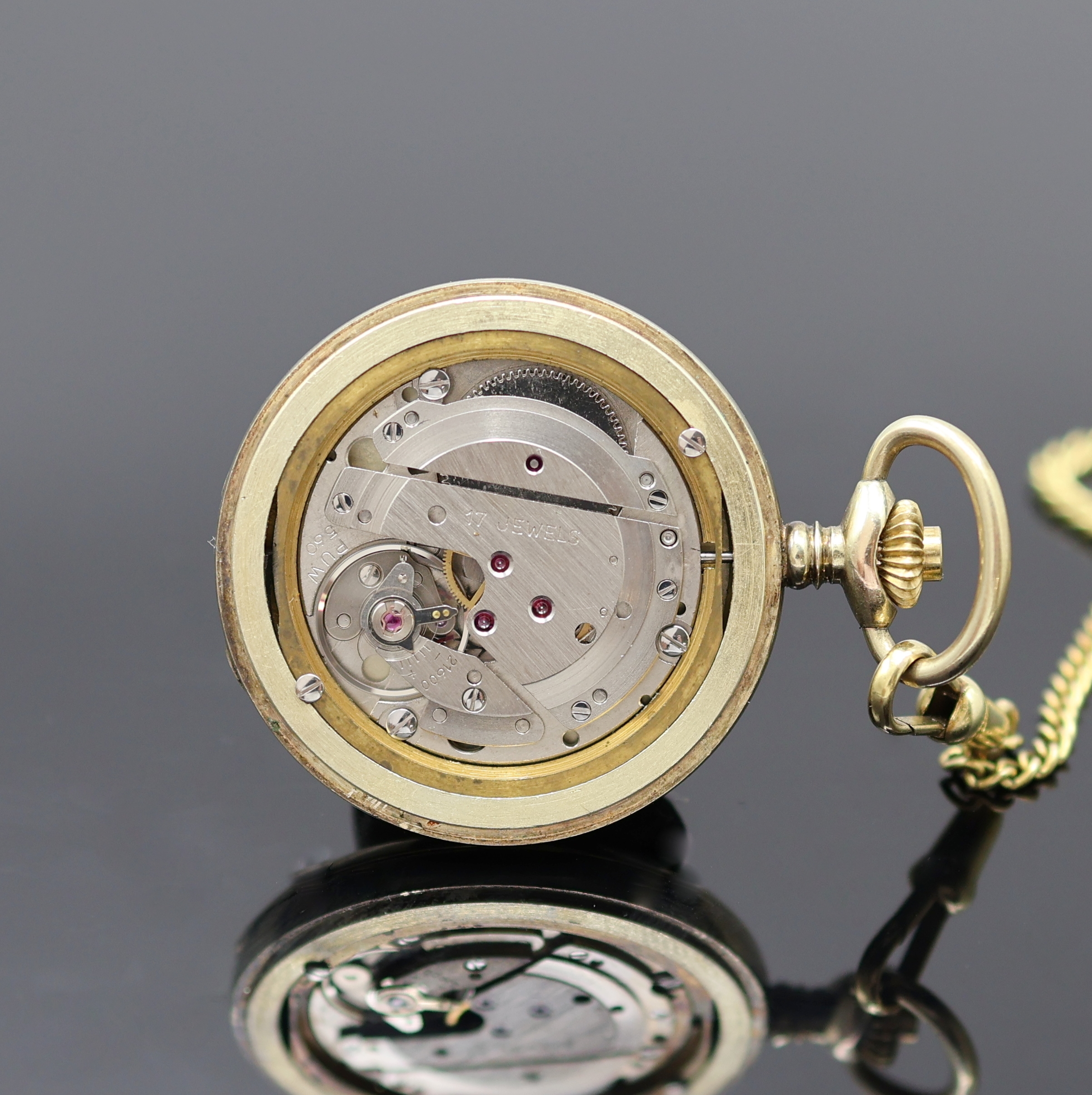 Detail c: ANKER vergoldete kleine Taschenuhr an Kette in GG 585/000, Deutschland um 1970, vollgrav. Savonette-Geh., gold. Zifferbl., schwarz. Zeiger, ...