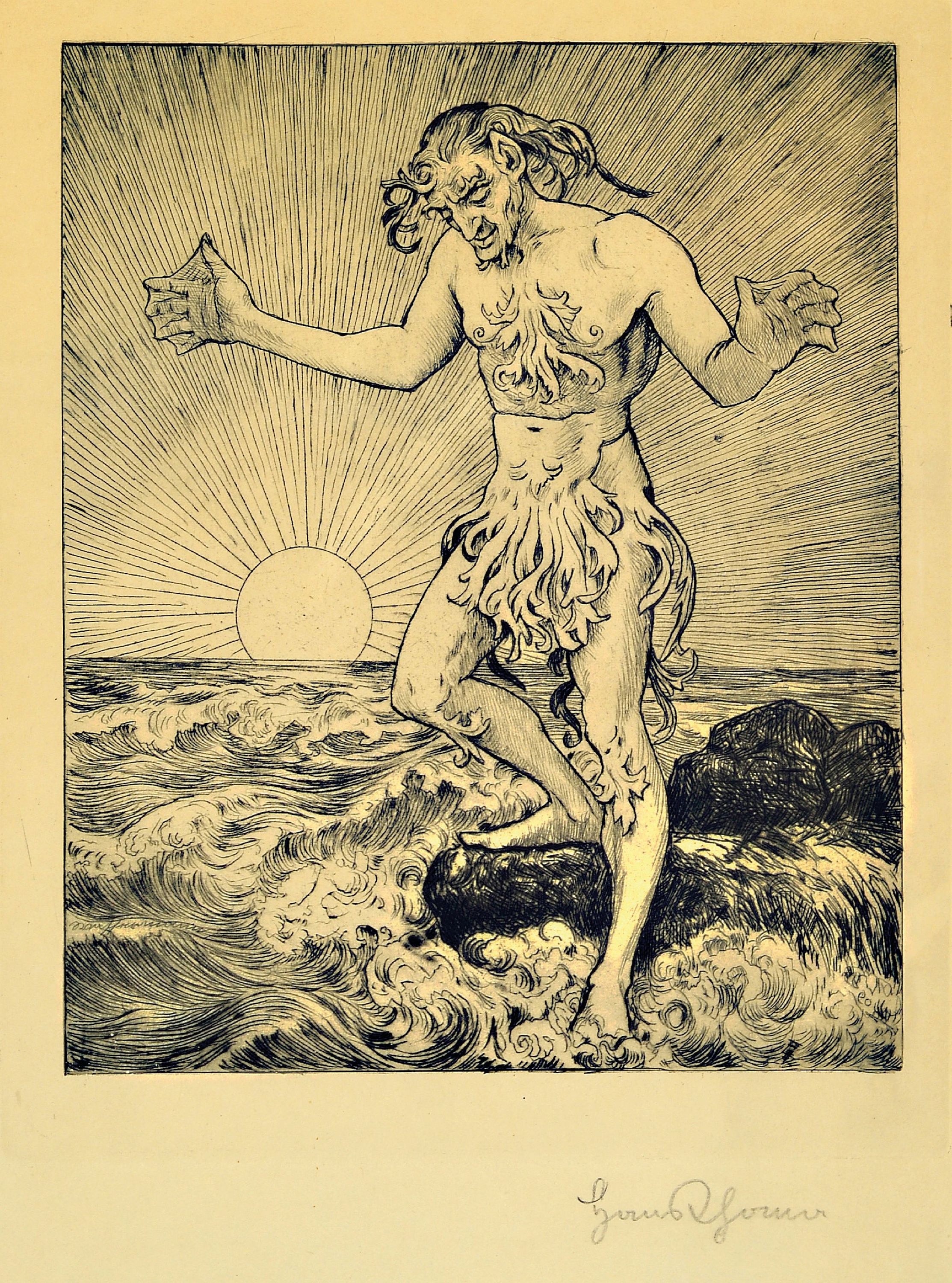 Hans Thoma, 1839 Bernau-1924 Karlsruhe, Radierung, "Der Meermann (Wassermann I)", 1904, handsigniert, Blatt 48x36 cm, unter Glas gerahmt ...
