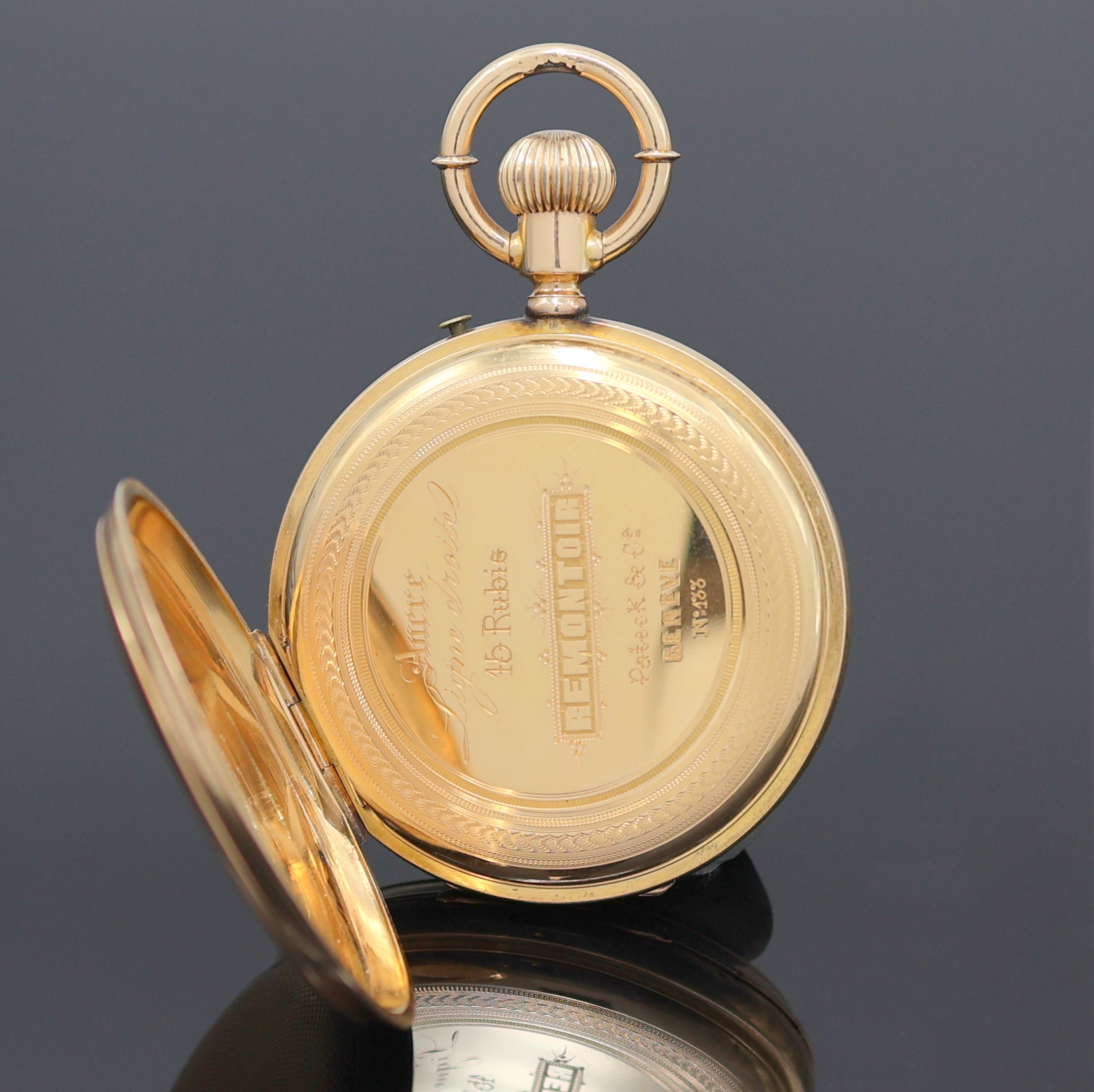 Detail d: PATECK & Co. GENEVE Savonette Herrentaschenuhr in RG 750/000 No. 133, Schweiz um 1890, aufw. grav. und guill. 3-Deckel Goldgeh., Saturnring-Bügel, ...