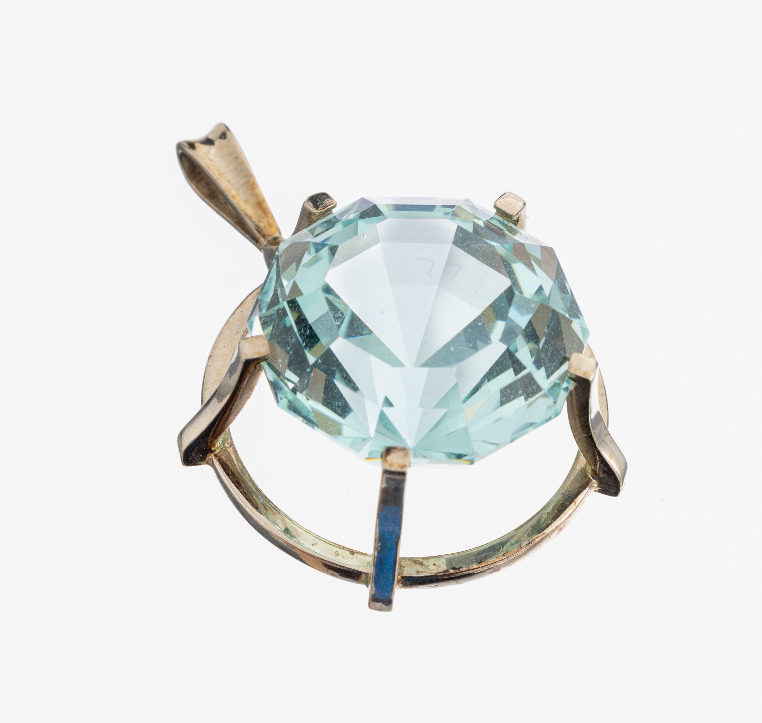 14 kt Gold Aquamarin-Anhänger, WG 585/000 gepr., rundfacett. Aquamarin ca. 20.00 ct, D. ca. 2.8 cm, ca. 9.0 g