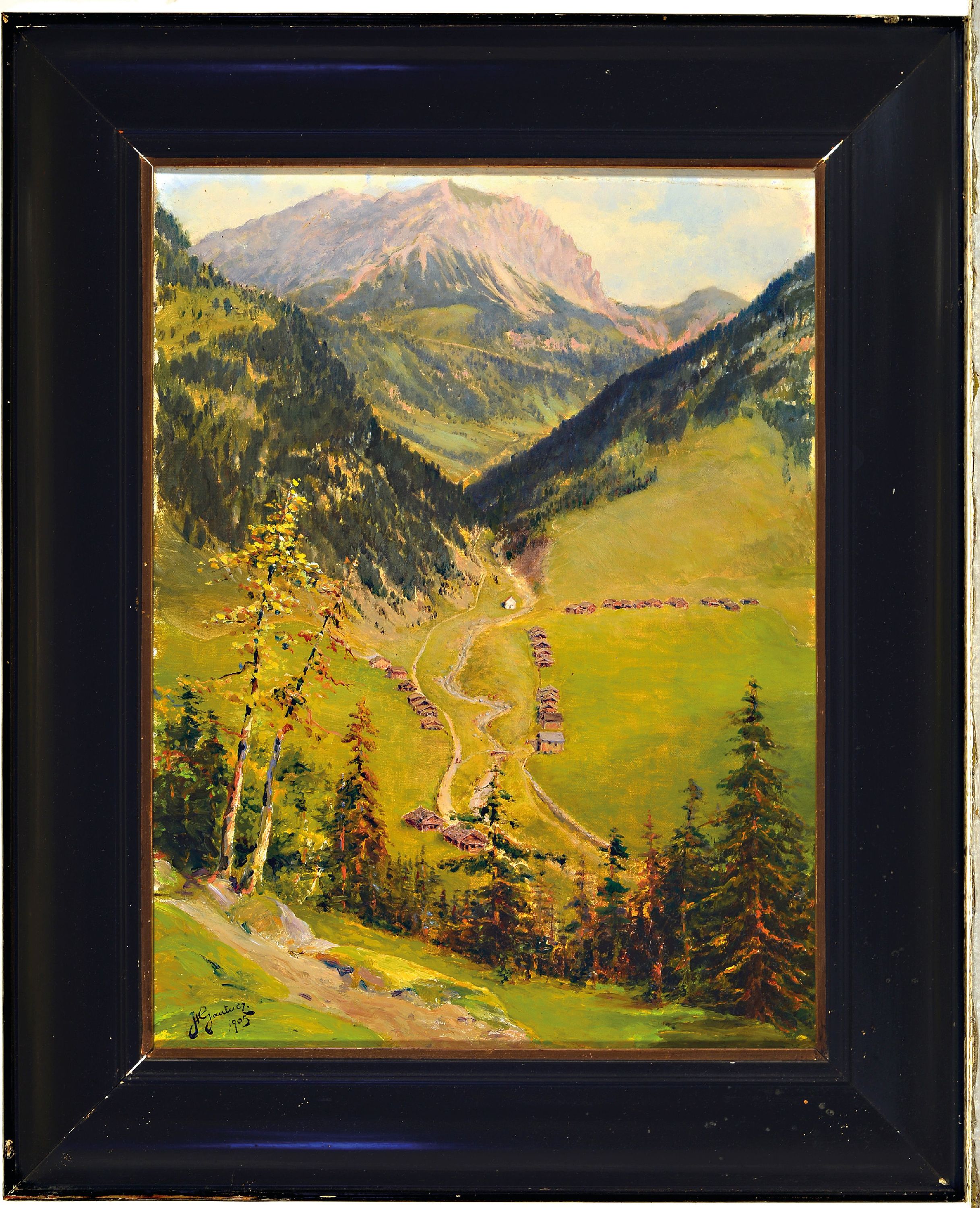 Detail k: Hans Gantner, 1853 Feldkirchen, Steinhof - 1914, Alpenlandschaft mit Blick auf ein Tal, Öl/Lwd, signiert, 50 x 38 cm, Rahmen ca. 63 x 52 cm