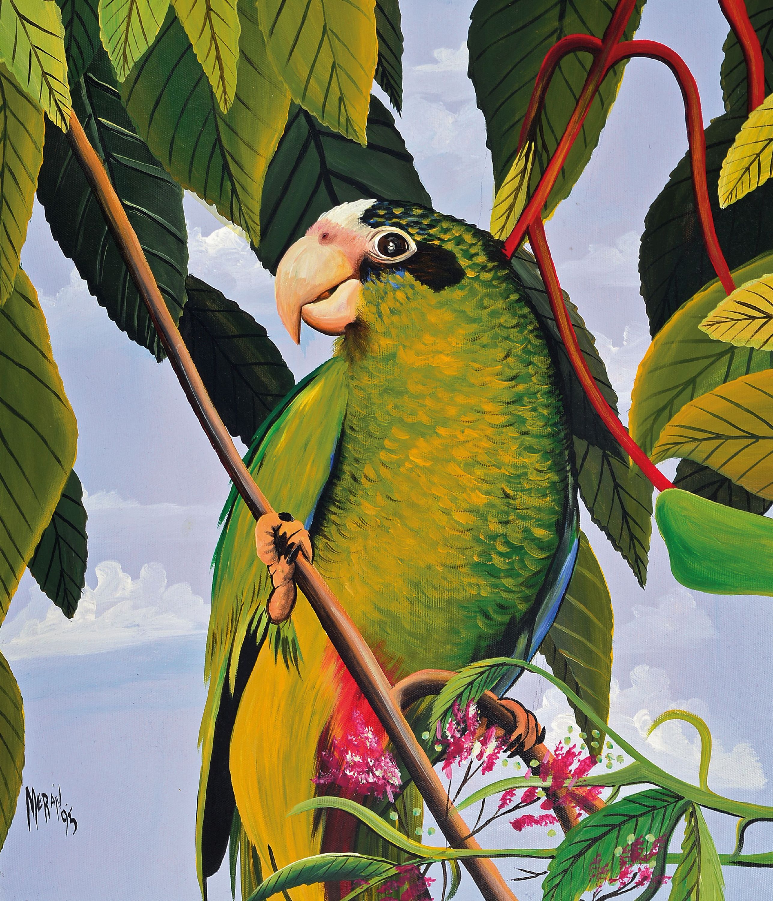 Image 26987532 - Papagei auf Ast sitzend, bez. Meran 95, Acryl/Platte, ca. 70 x 60 cm, Rahmen