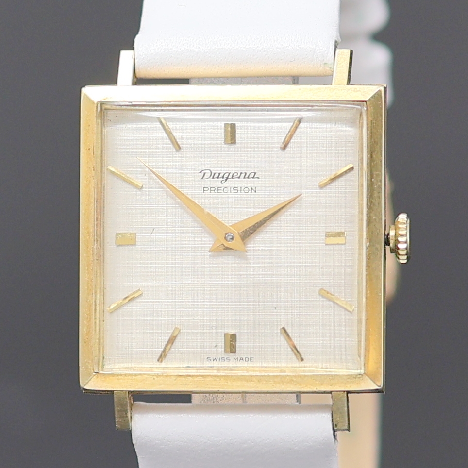 Detail a: DUGENA Precision quadratische Armbanduhr in GG 585/000, Schweiz um 1965, Handaufzug, Boden aufgedr., silb. Strukturzifferbl. m. gold. Std.-Ind., ...