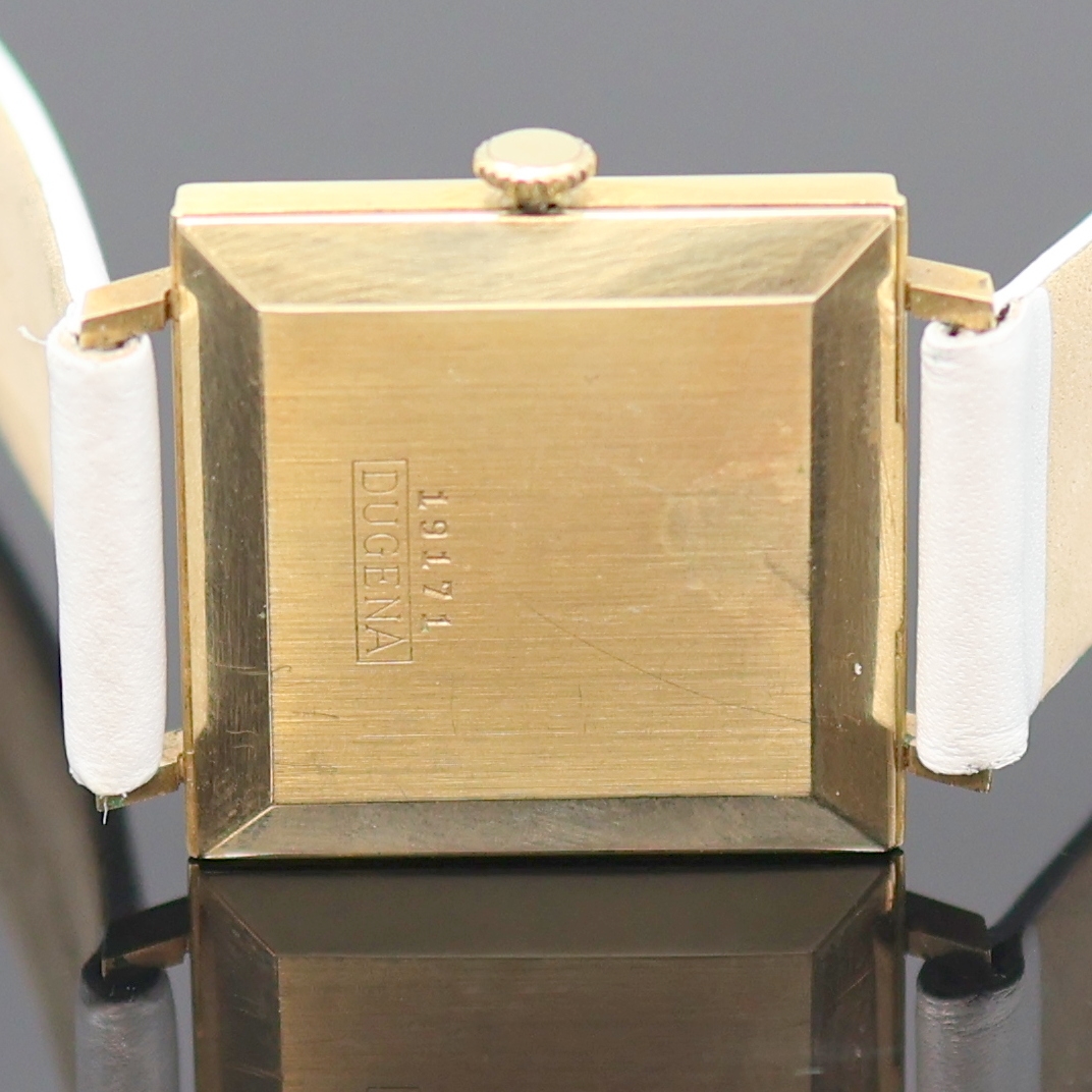 Detail d: DUGENA Precision quadratische Armbanduhr in GG 585/000, Schweiz um 1965, Handaufzug, Boden aufgedr., silb. Strukturzifferbl. m. gold. Std.-Ind., ...