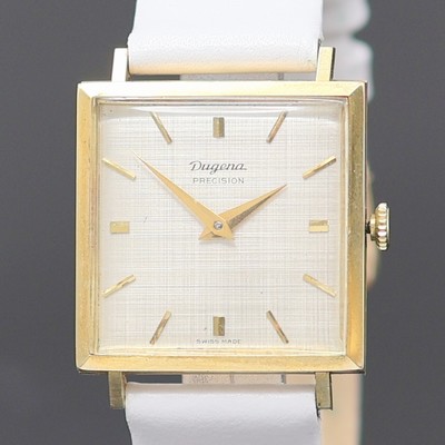 26987573a - DUGENA Precision quadratische Armbanduhr in GG 585/000, Schweiz um 1965, Handaufzug, ...