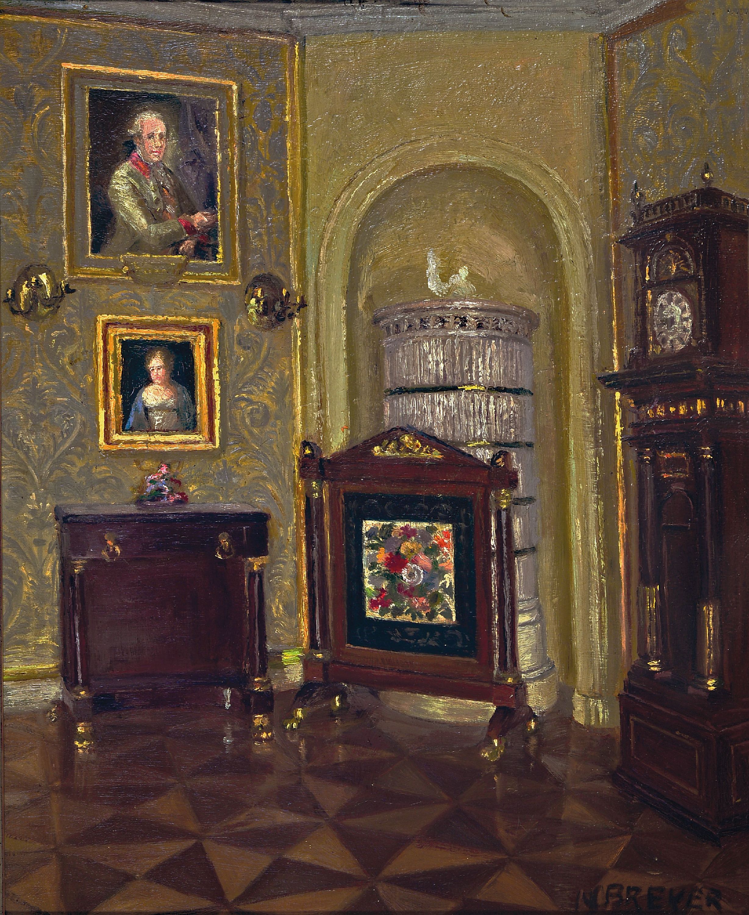 Image 26987625 - Robert Breyer, 1866 Stuttgart-1941 Bensheim, Interieur mit Kachelofen, Ofenschirm, ...