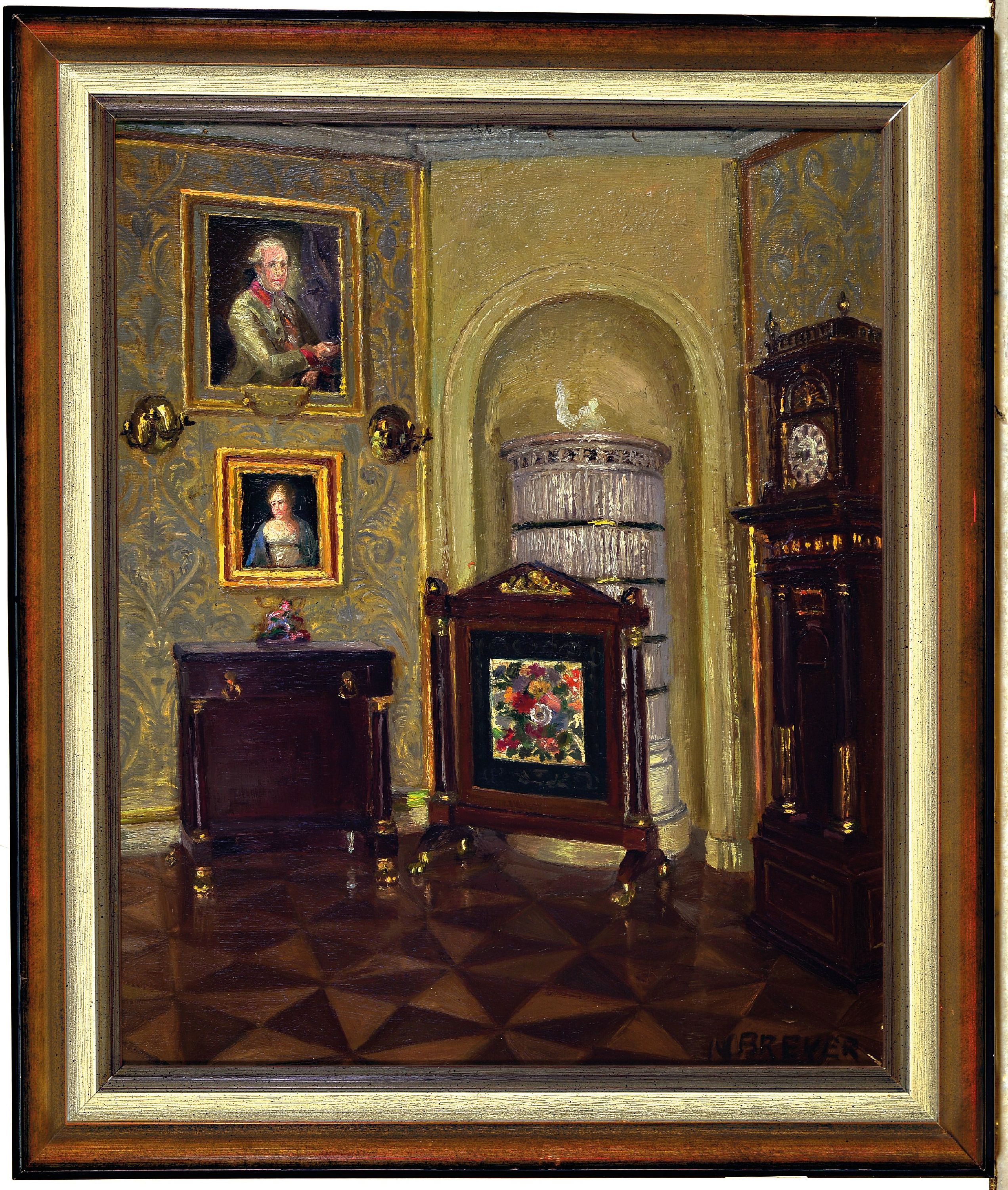 Detail k: Robert Breyer, 1866 Stuttgart-1941 Bensheim,Interieur mit Kachelofen, Ofenschirm, Standuhr und Gemälden, Öl/Lwd, rechts unten signiert, ca. ...