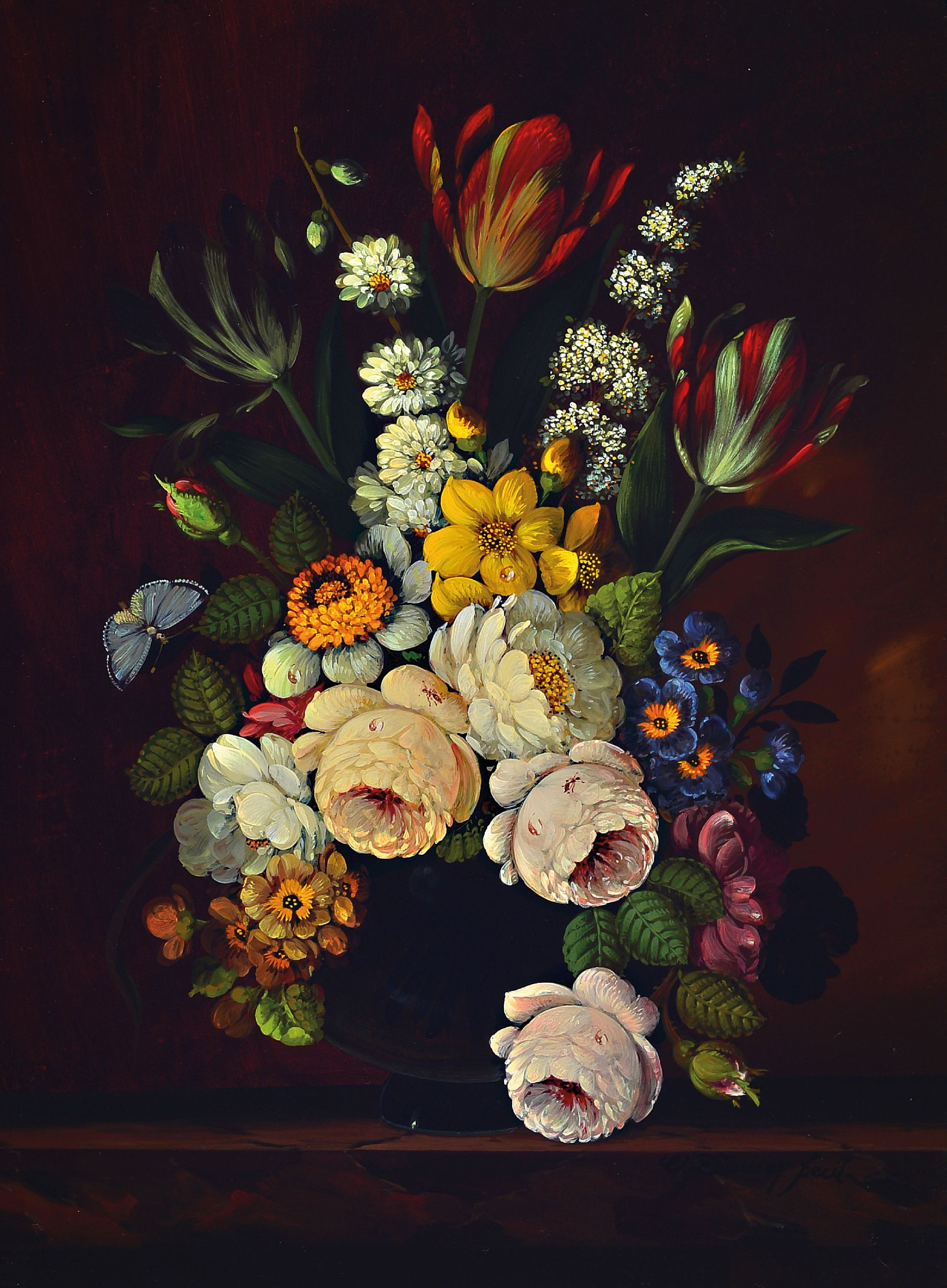 Image 26987659 - Oskar Denner, 1924 Wien-?, Blumenstillleben mit Insekten und Schmetterling, Öl/Holz, ...