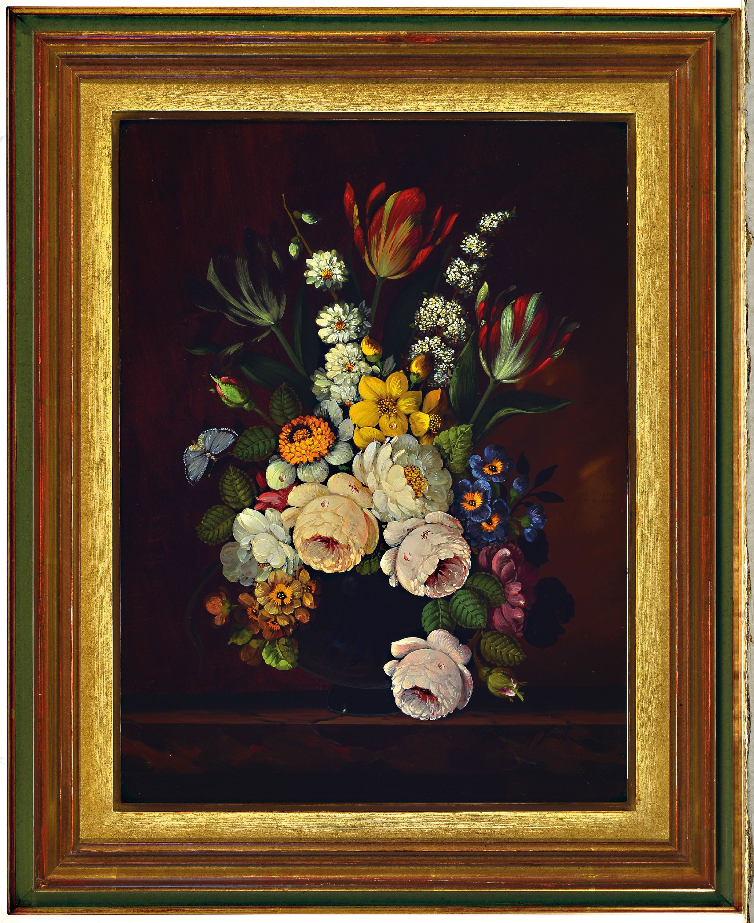 Detail k: Oskar Denner, 1924 Wien-?, Blumenstillleben mit Insekten und Schmetterling, Öl/Holz, 40x30cm, rechts unten signiert O. Denner fecit cm, Rahmen 52x42 ...
